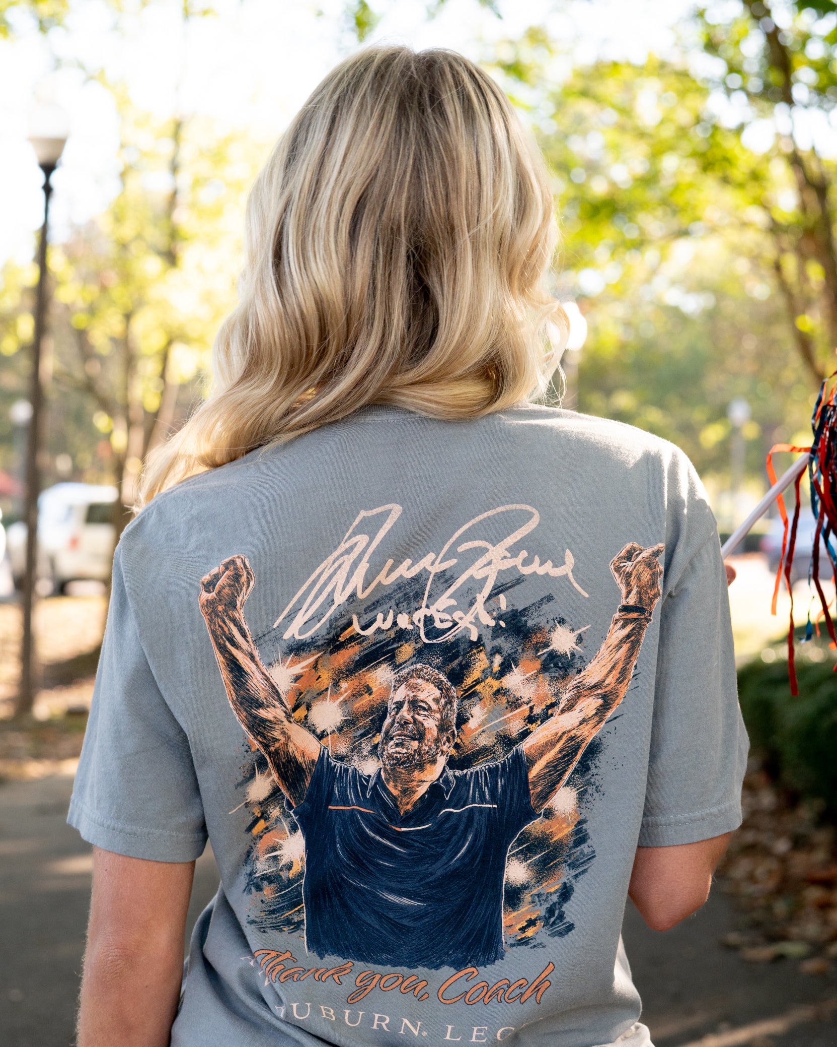 Auburn University Grey T-Shirt with an illustration of Bruce Pearl cheering above text “Thank You, Coach”