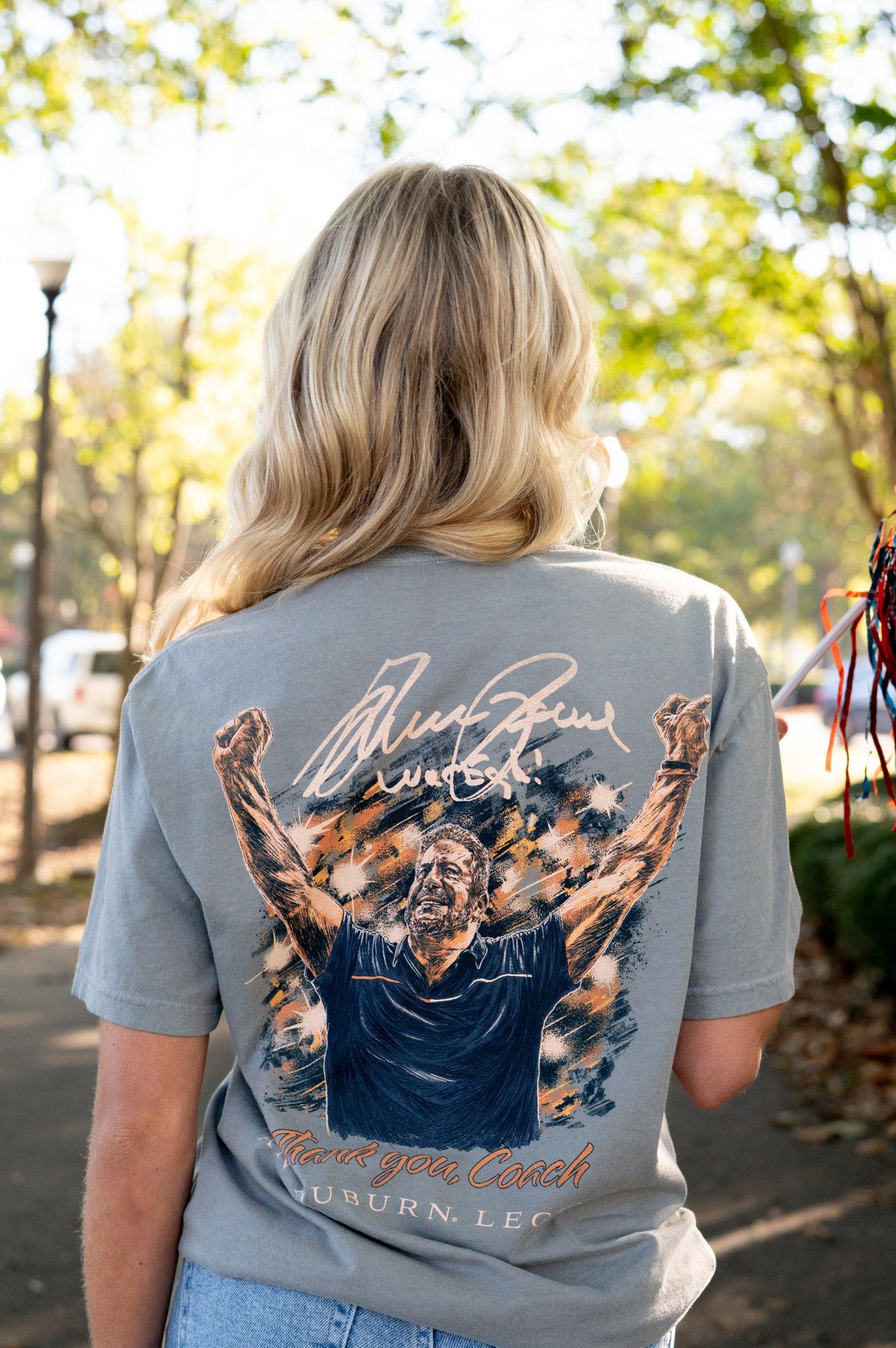 Auburn University Grey T-Shirt with an illustration of Bruce Pearl cheering above text “Thank You, Coach”