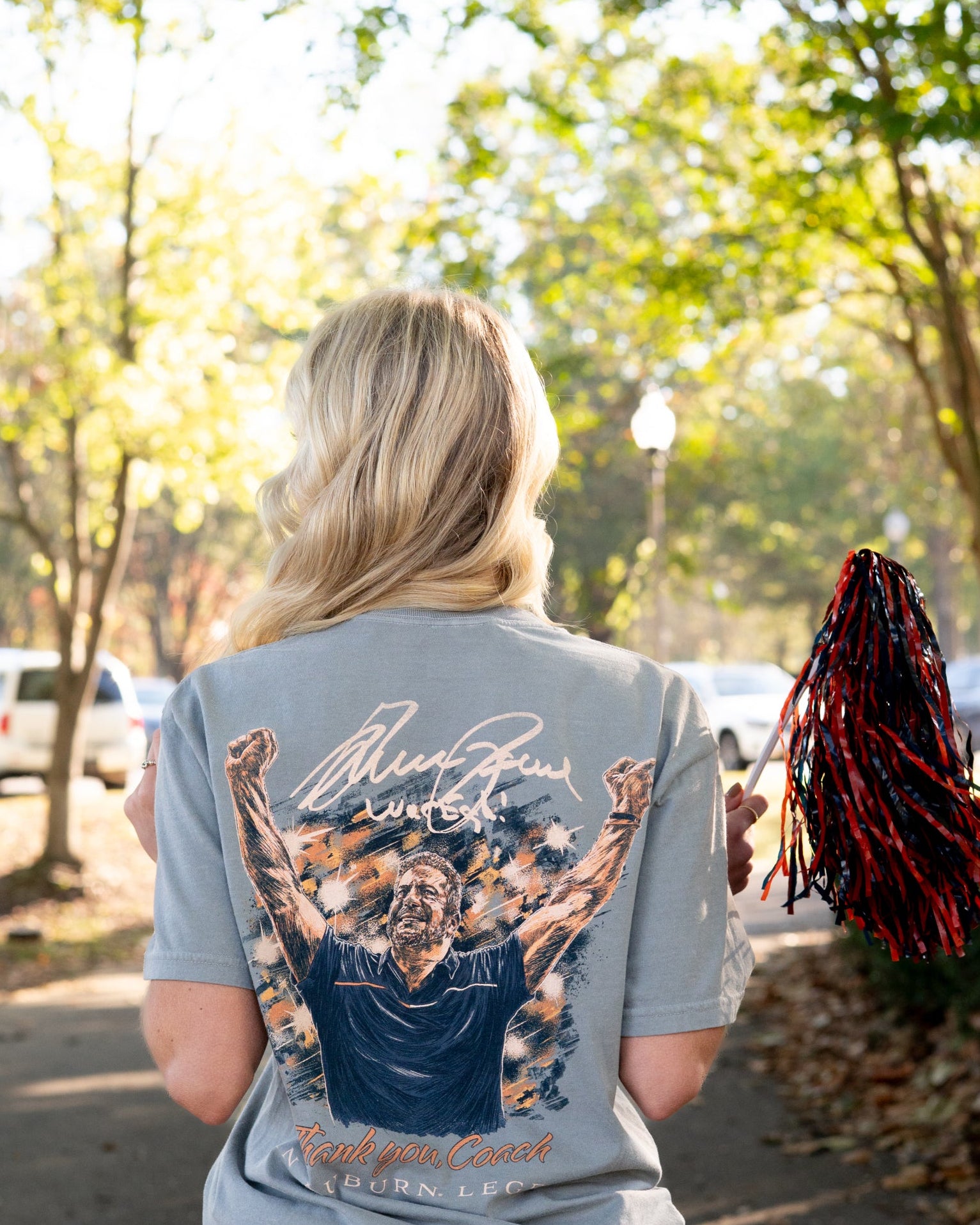 Auburn University Grey T-Shirt with an illustration of Bruce Pearl cheering above text “Thank You, Coach”
