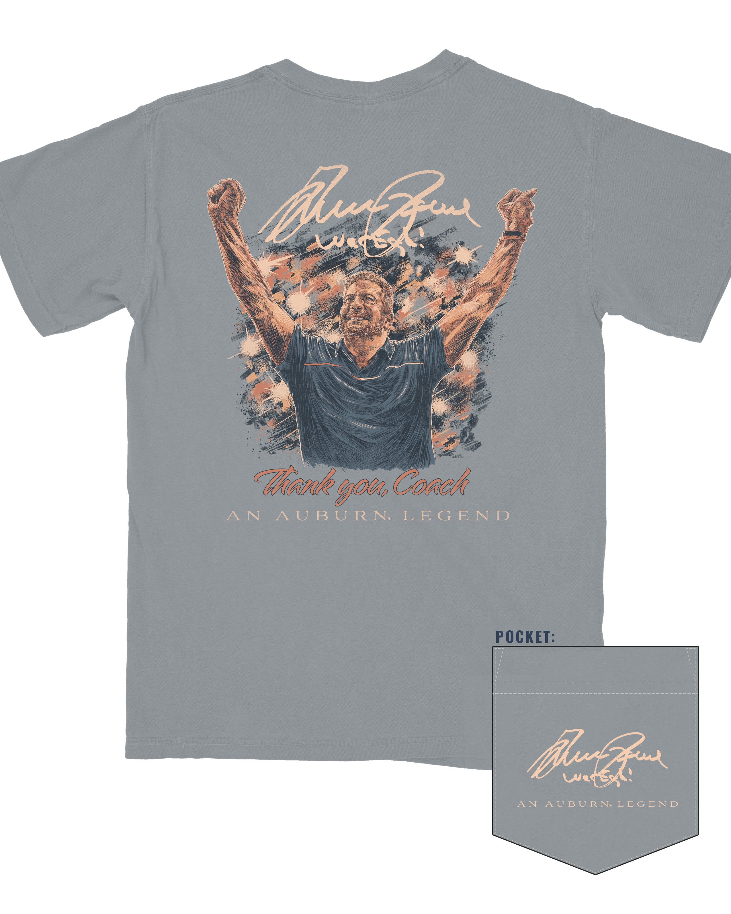 Auburn University Grey T-Shirt with an illustration of Bruce Pearl cheering above text “Thank You, Coach”