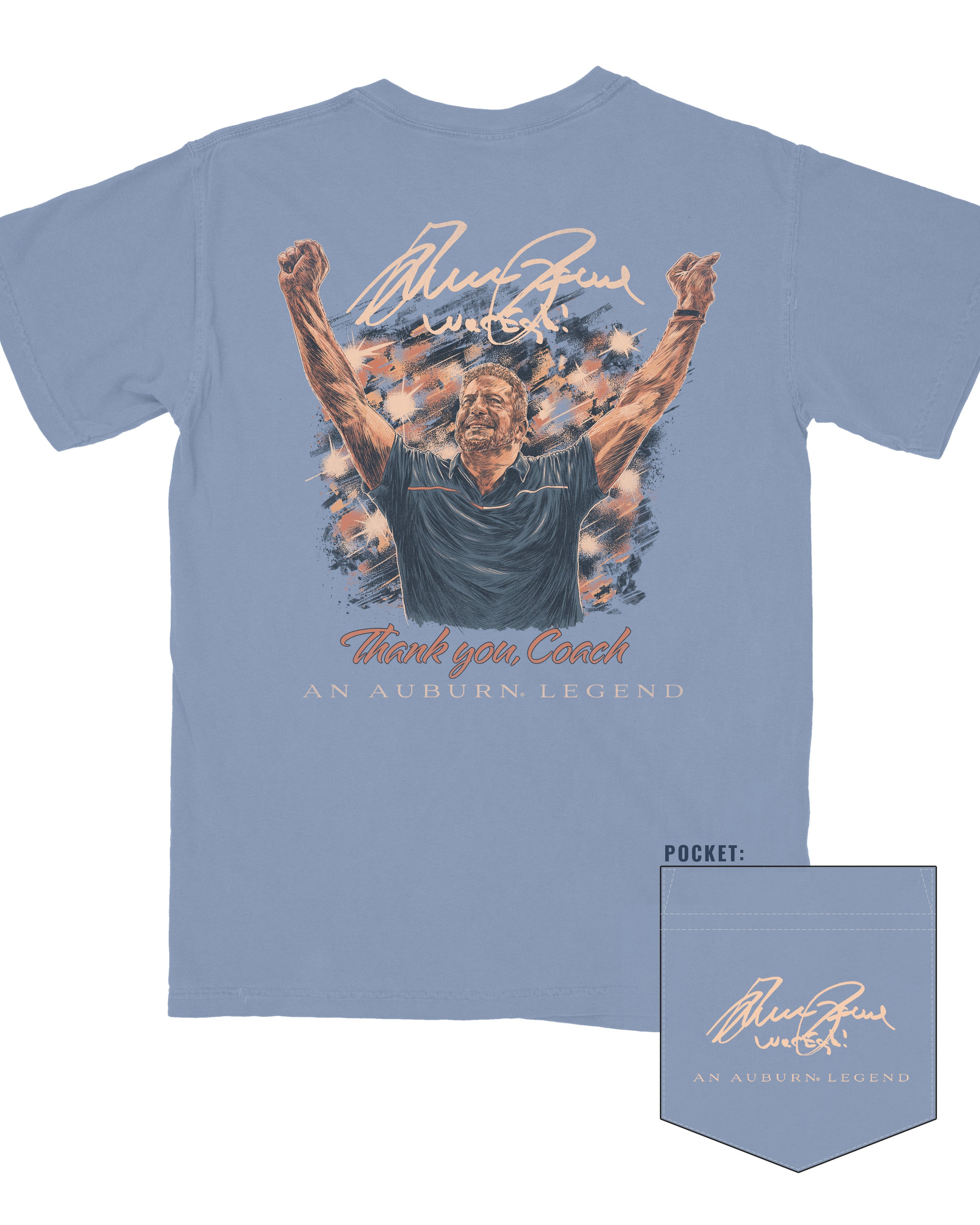 Auburn University Blue T-Shirt with an illustration of Bruce Pearl cheering above text “Thank You, Coach”