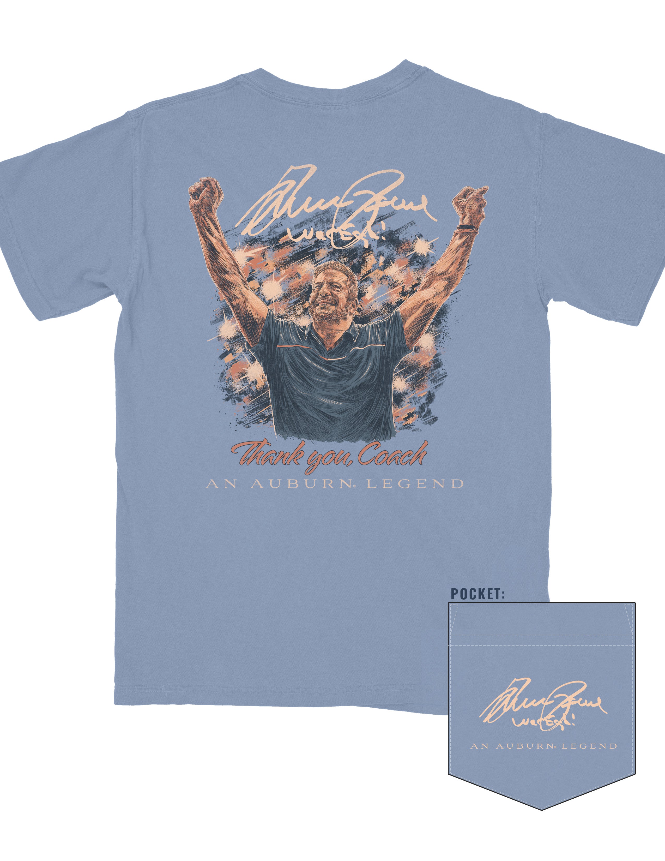Auburn University Blue T-Shirt with an illustration of Bruce Pearl cheering above text “Thank You, Coach”