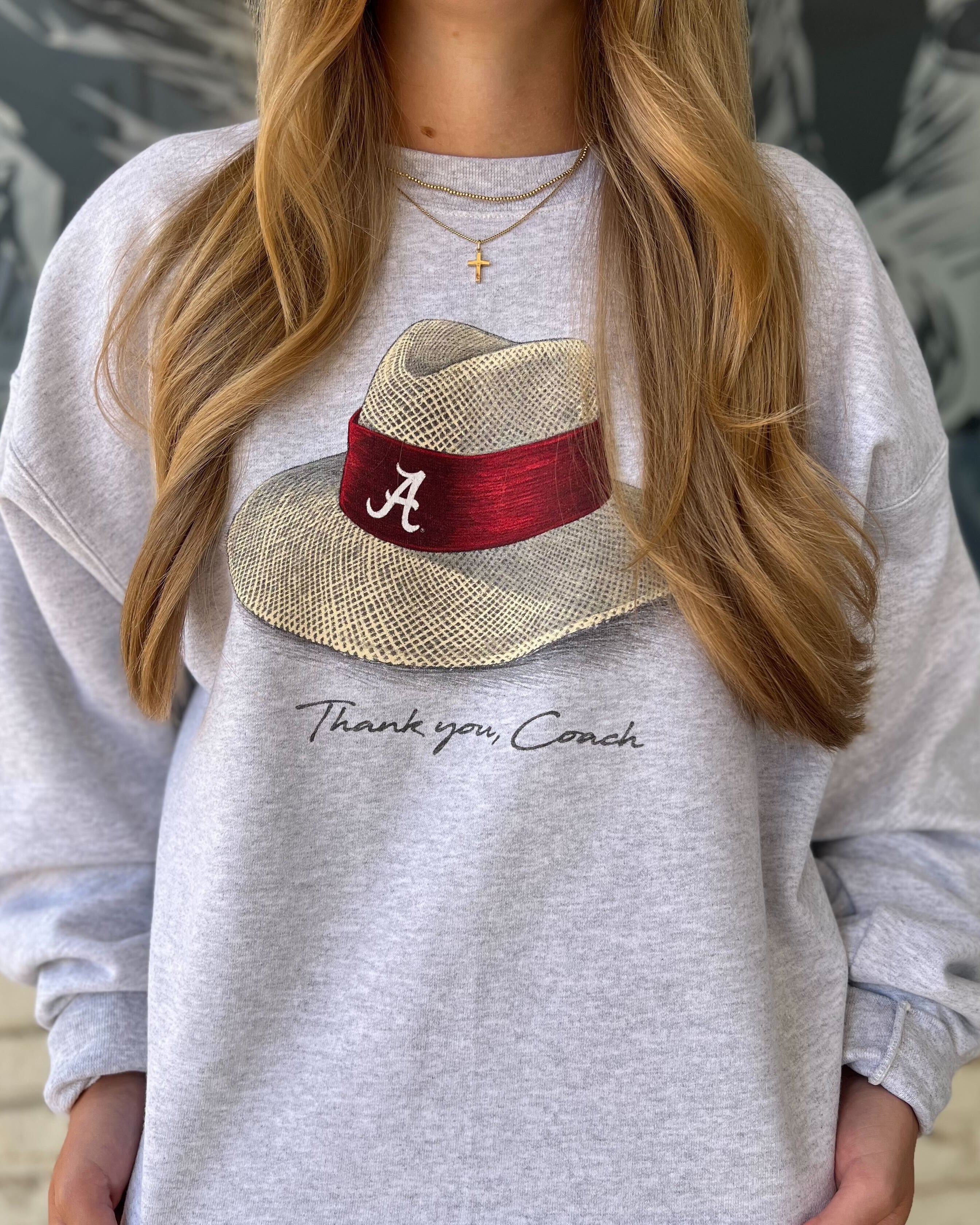 University of Alabama Light Grey Thank You, Coach Sweatshirt with Nick Saban's iconic straw hat above text "Thank You, Coach"