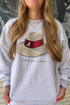 University of Alabama Light Grey Thank You, Coach Sweatshirt with Nick Saban's iconic straw hat above text "Thank You, Coach"