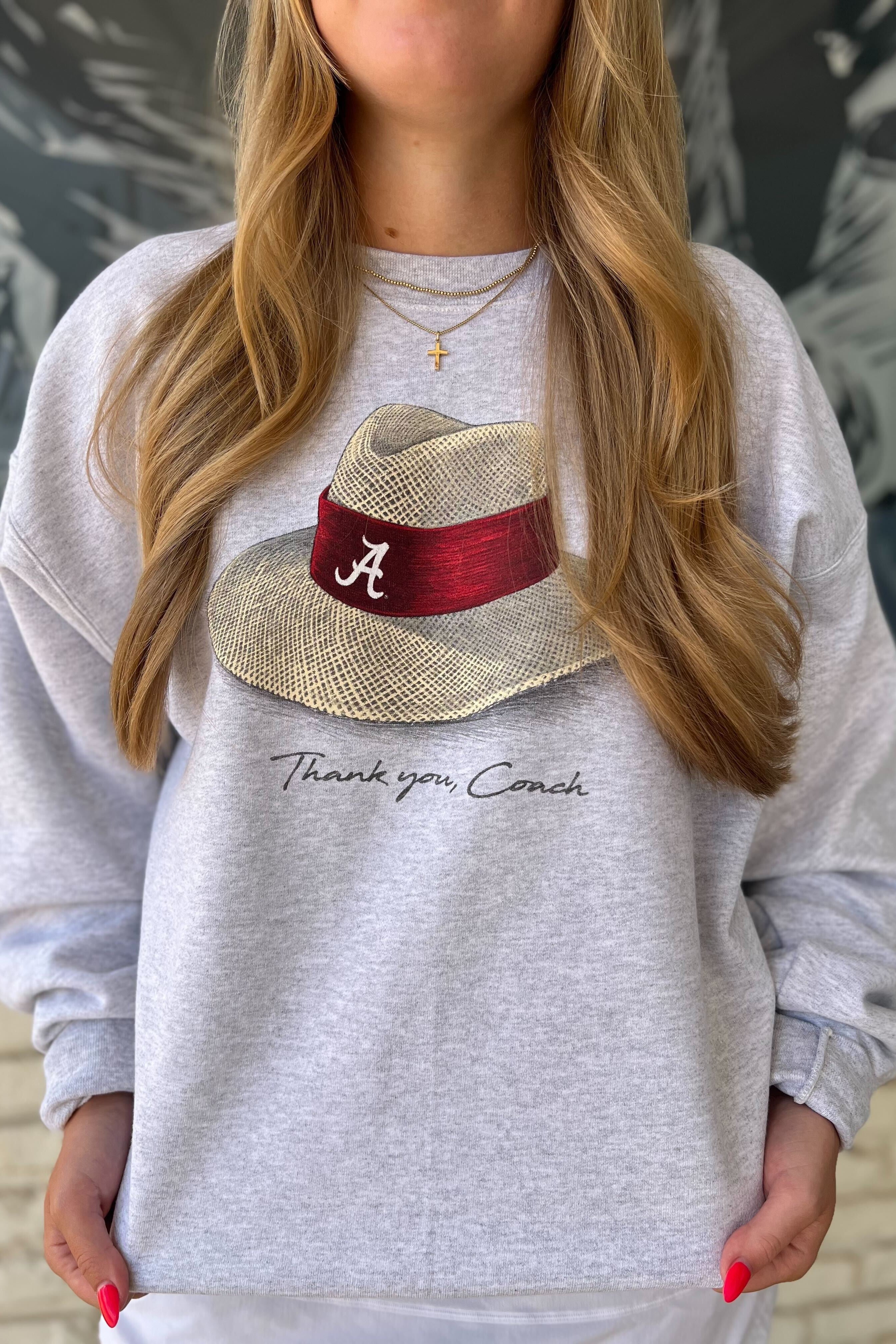 University of Alabama Light Grey Thank You, Coach Sweatshirt with Nick Saban's iconic straw hat above text "Thank You, Coach"