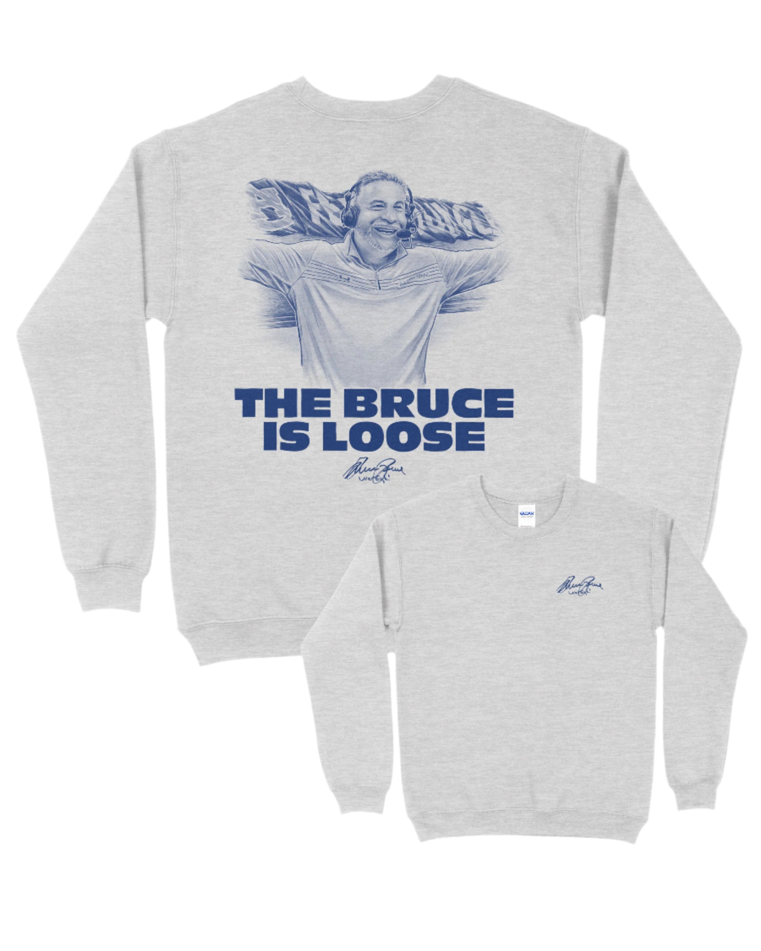 Auburn University Light Grey The Bruce is Loose Sweatshirt featuring an illustration of the Auburn Basketball coach above text "The Bruce is Loose"
