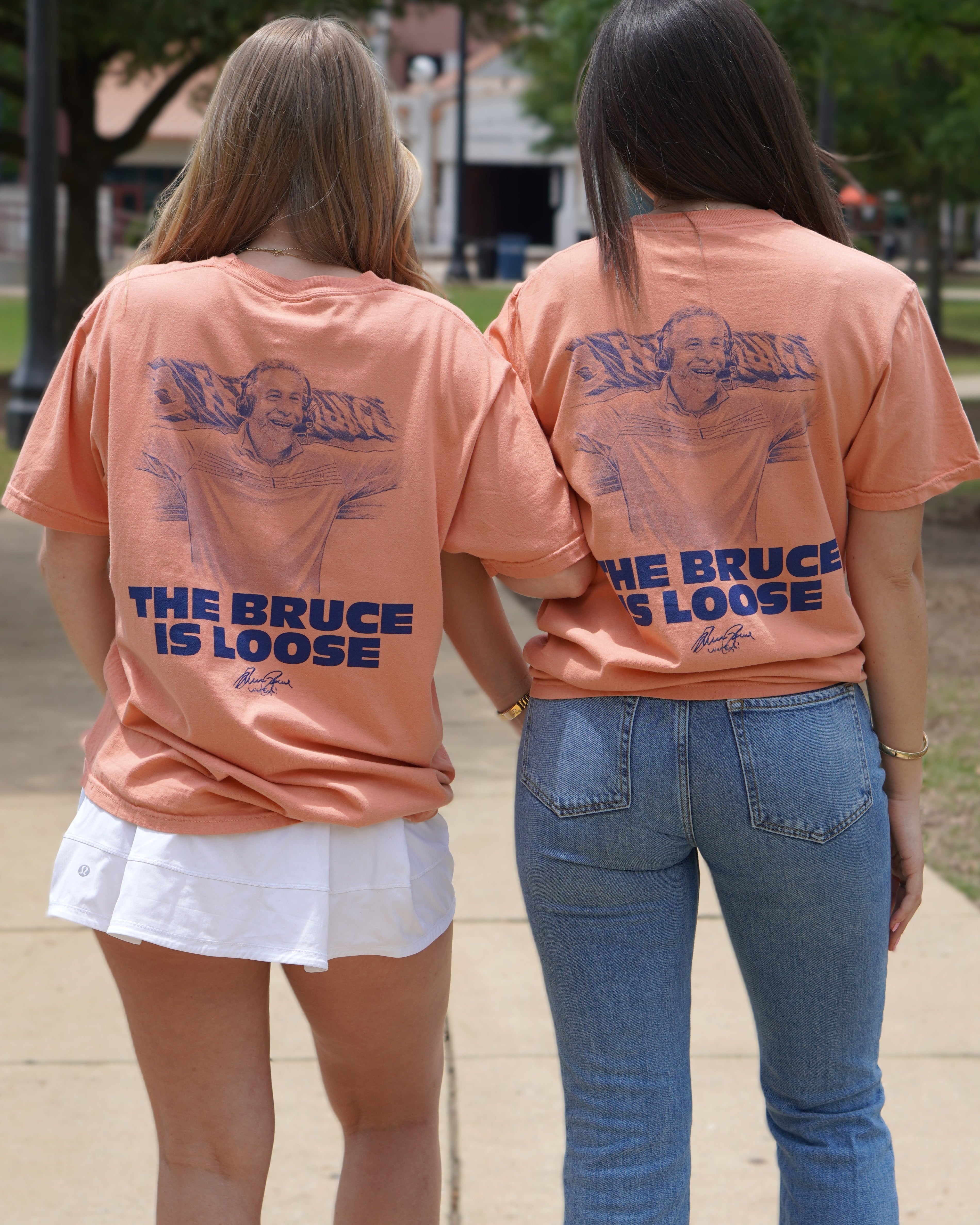Auburn University Orange The Bruce is Loose T-Shirt featuring an illustration of the Auburn Basketball coach above text "The Bruce is Loose"