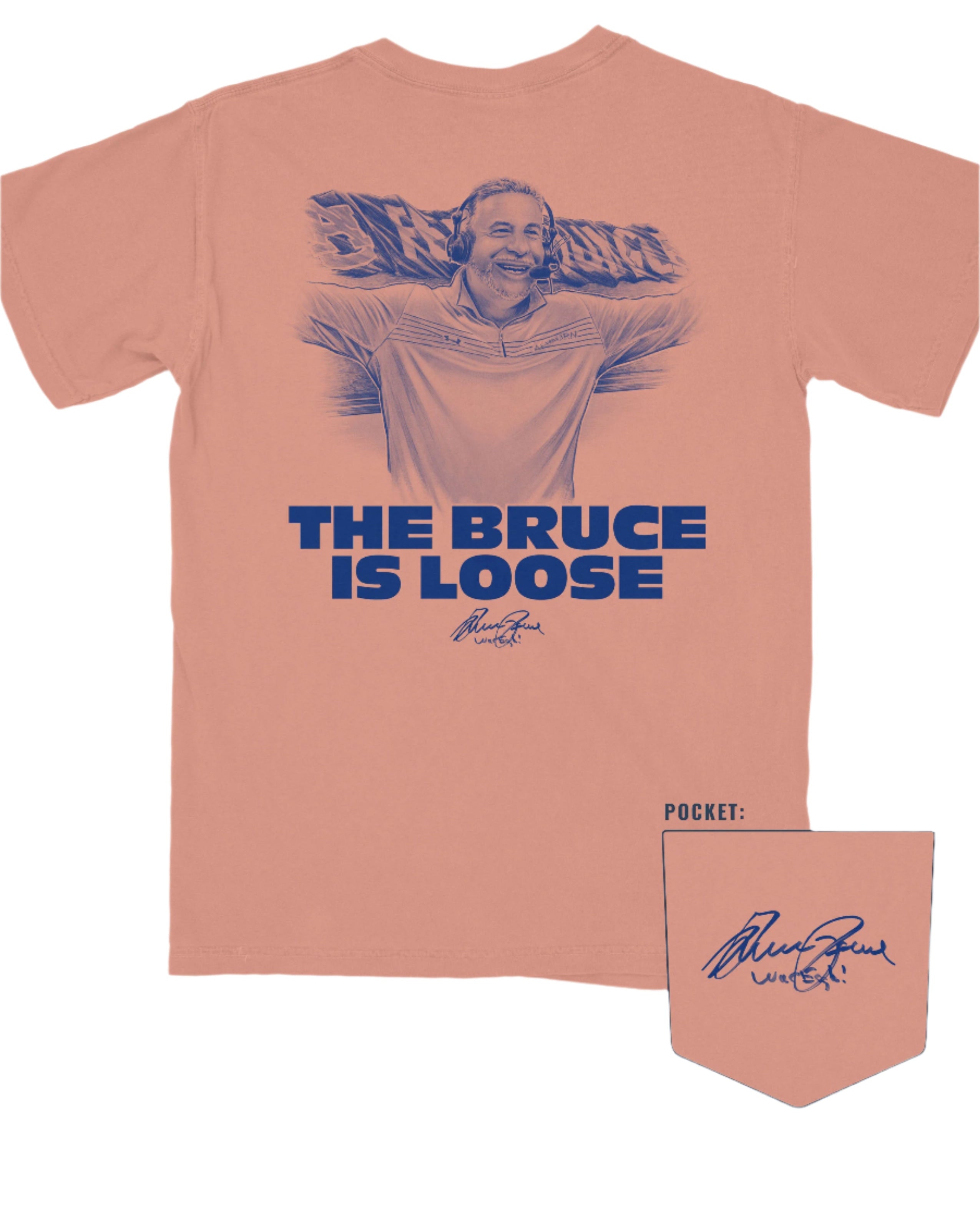 Auburn University Orange The Bruce is Loose T-Shirt featuring an illustration of the Auburn Basketball coach above text "The Bruce is Loose"