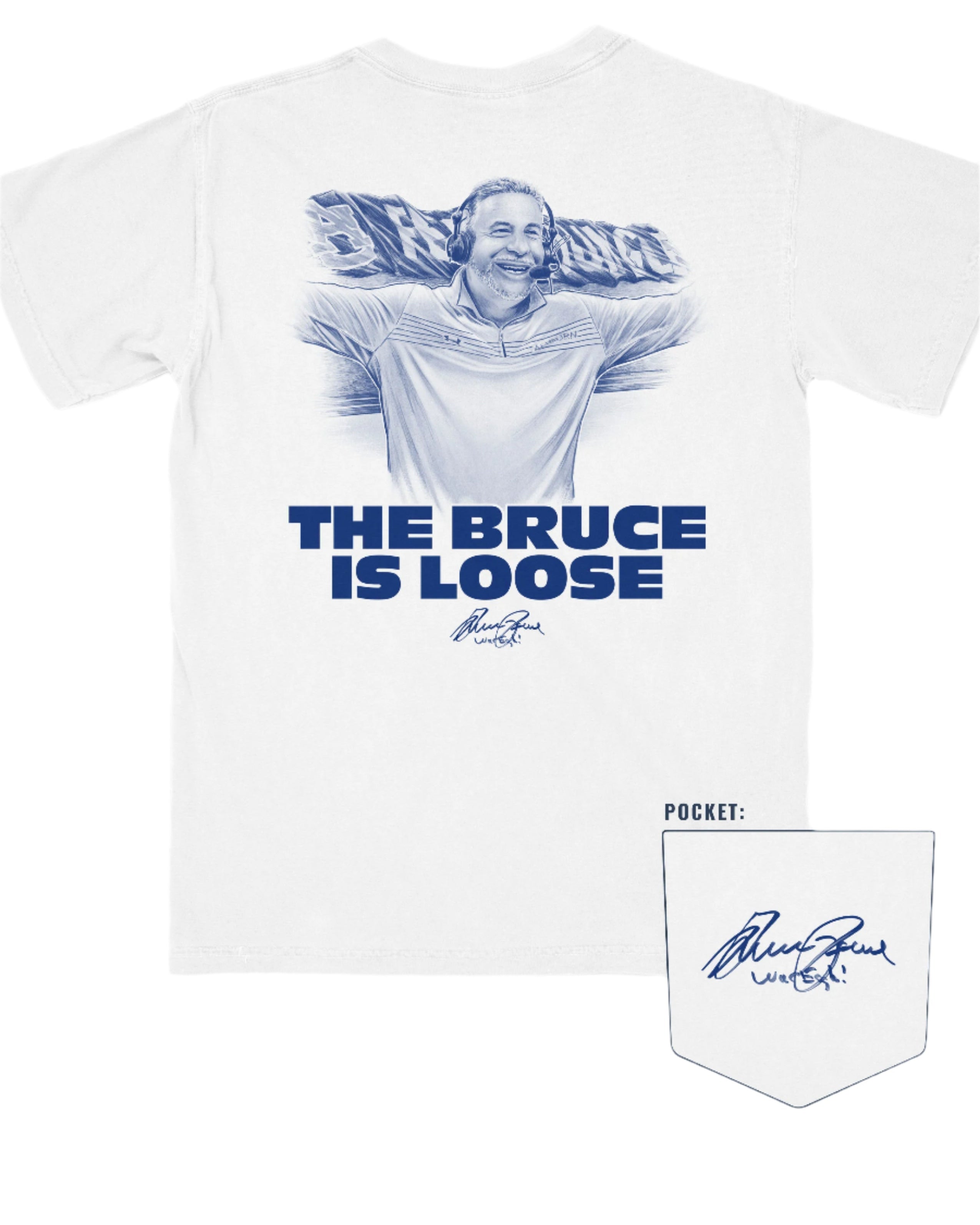 Auburn University White The Bruce is Loose T-Shirt featuring an illustration of the Auburn Basketball coach above text "The Bruce is Loose"