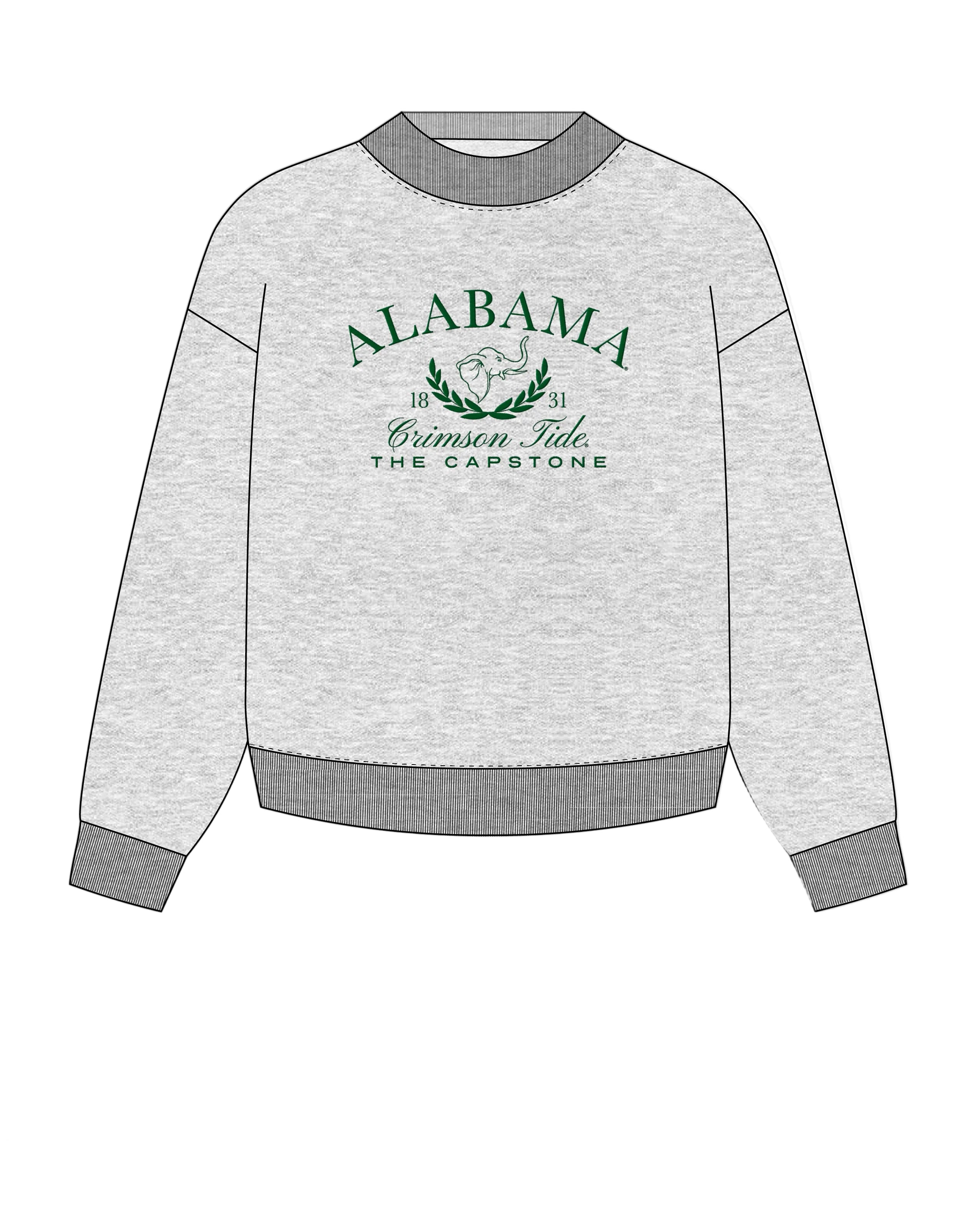 University of Alabama Grey Mock Neck Sweatshirt with Green Embroidered text “Alabama” above the elephant crest (An elephant head outline encircled by a wreath of laurels), and text “Crimson Tide- The Capstone”