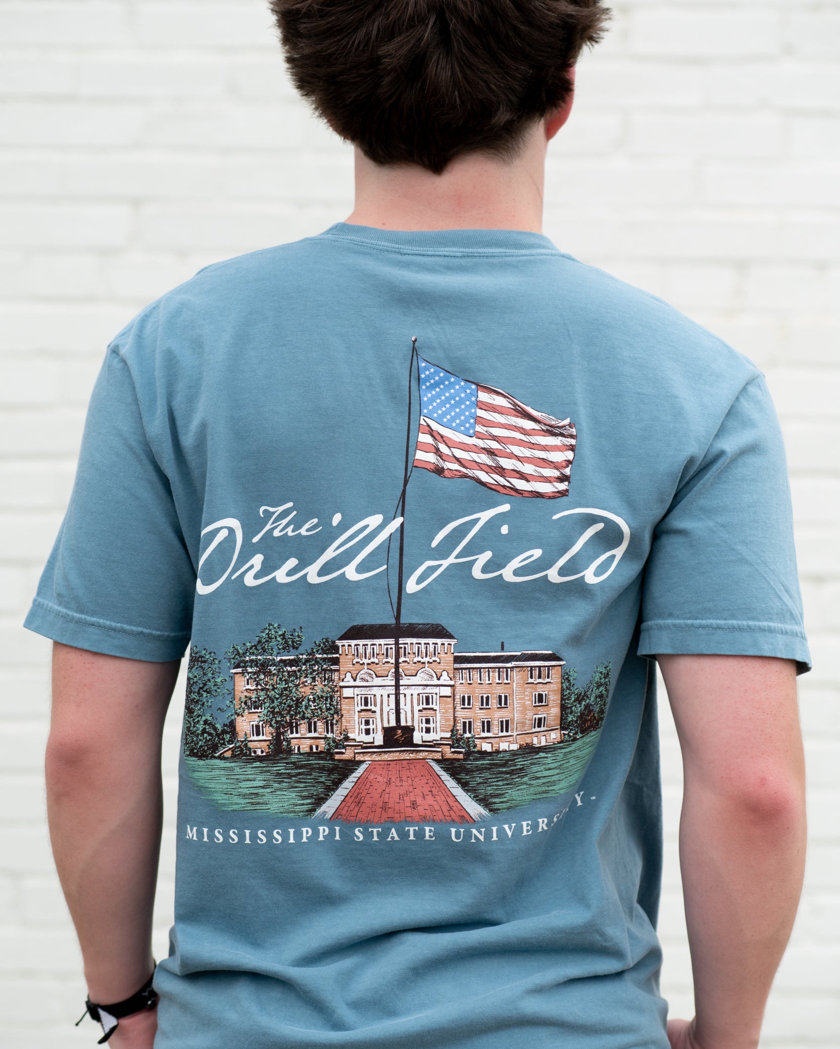 Mississippi State Blue T-Shirt with an image of Lee Hall on the Drill Field
