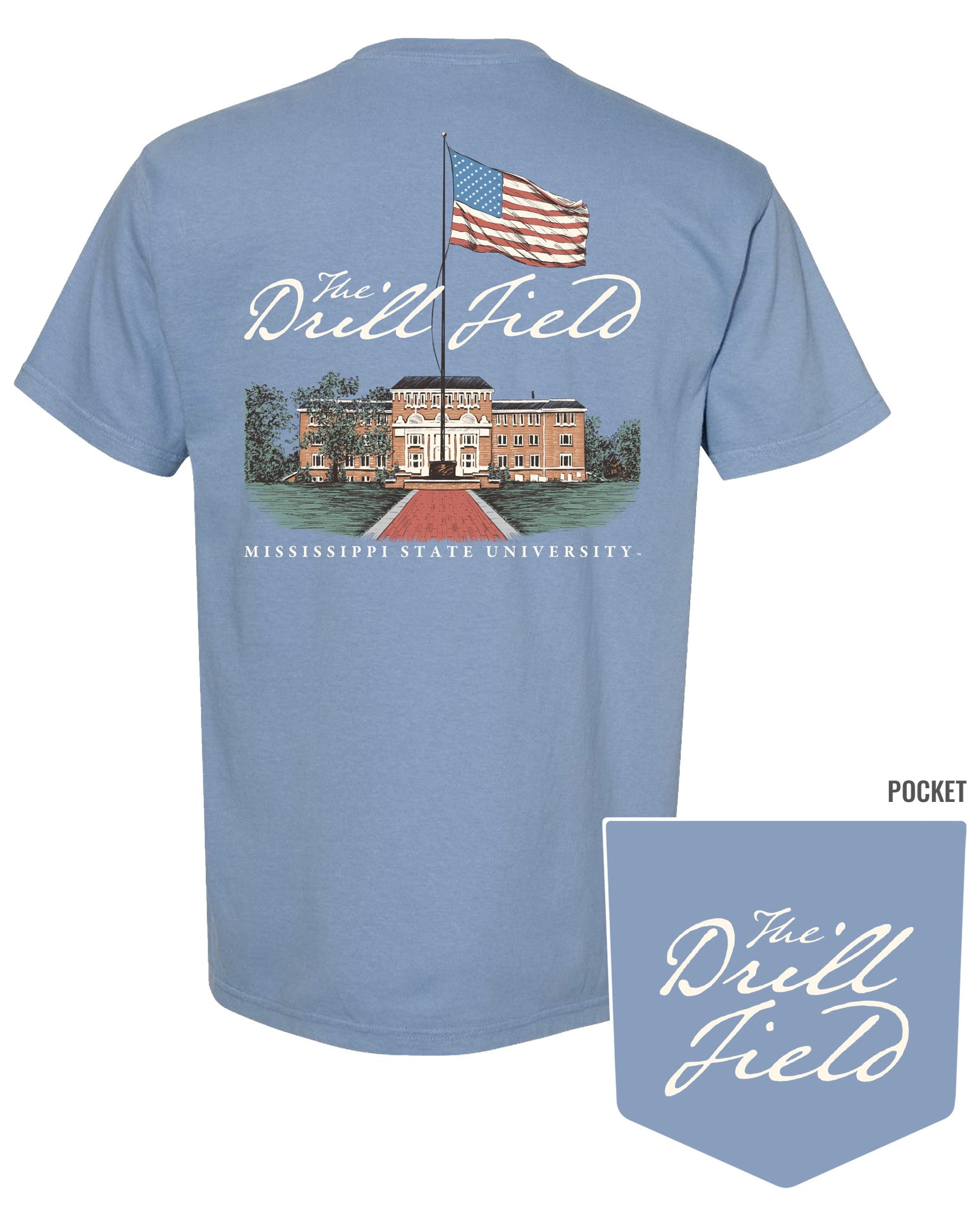 Mississippi State Blue T-Shirt with an image of Lee Hall on the Drill Field