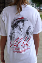 University of Alabama White Comfort Colors T-Shirt with an illustration of Nick Saban above his signature and Red text "Greatest Of All Time"