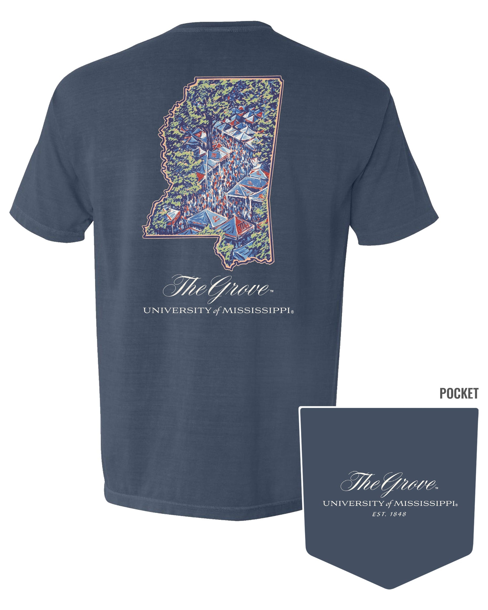 Ole Miss Navy T-Shirt with an outline of Mississippi and an image of The Grove during tailgating inside