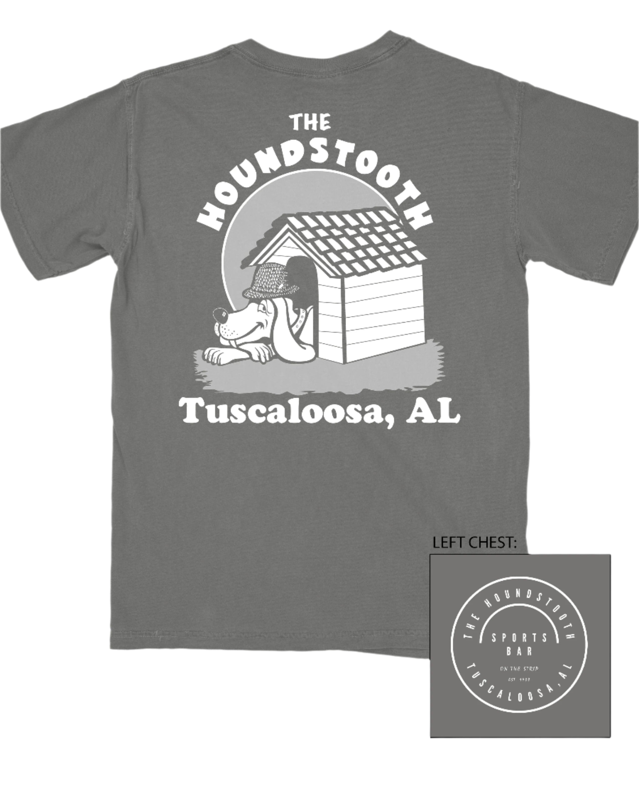 The Houndstooth Dark Grey T-Shirt with Black text "The Houndstooth" above an image of a Beagle laying inside of a doghouse
