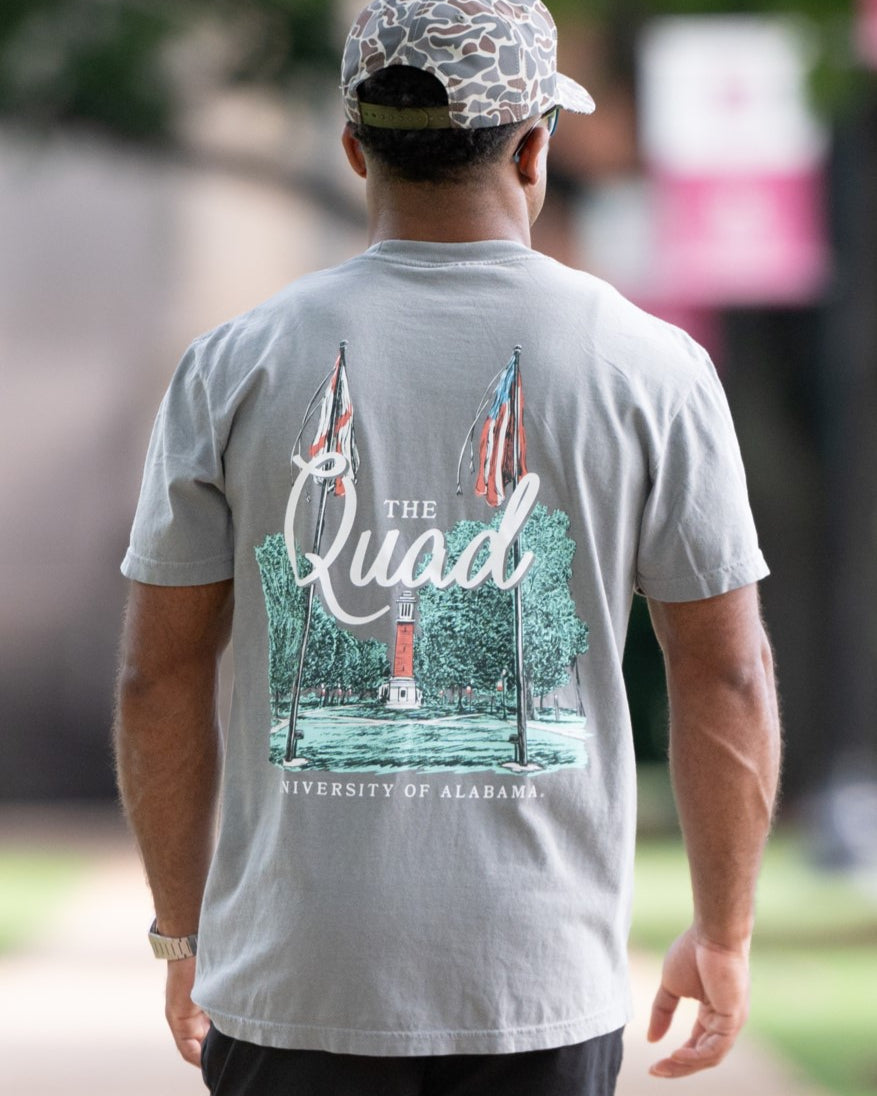 University of Alabama Grey The Quad T-Shirt featuring an illustration of The Quad