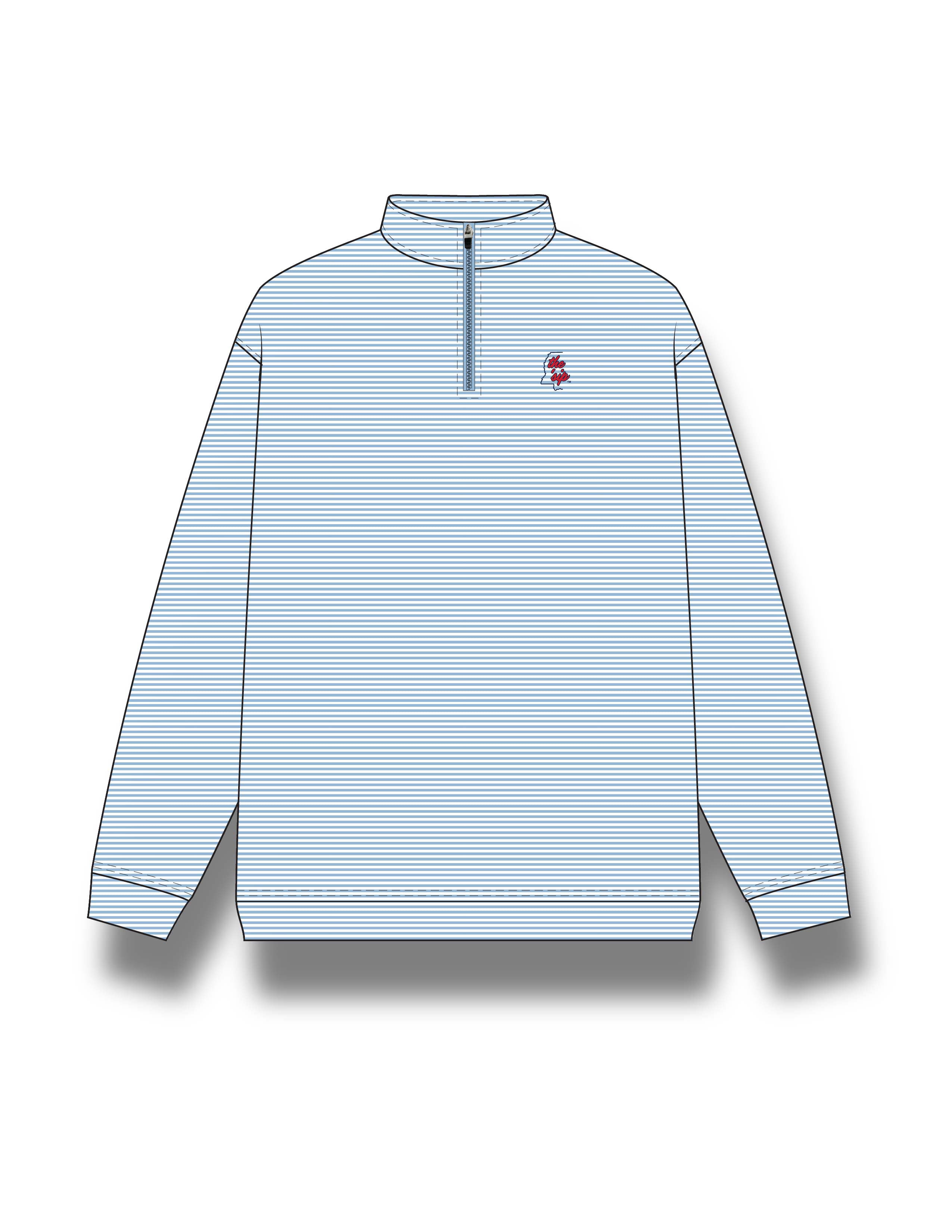 Light blue striped long-sleeve shirt with a small red logo on a white background