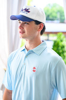 Ole Miss Blue Men’s Diamond Polo with an embroidered White outline of Mississippi and Red script “the ‘Sip”
