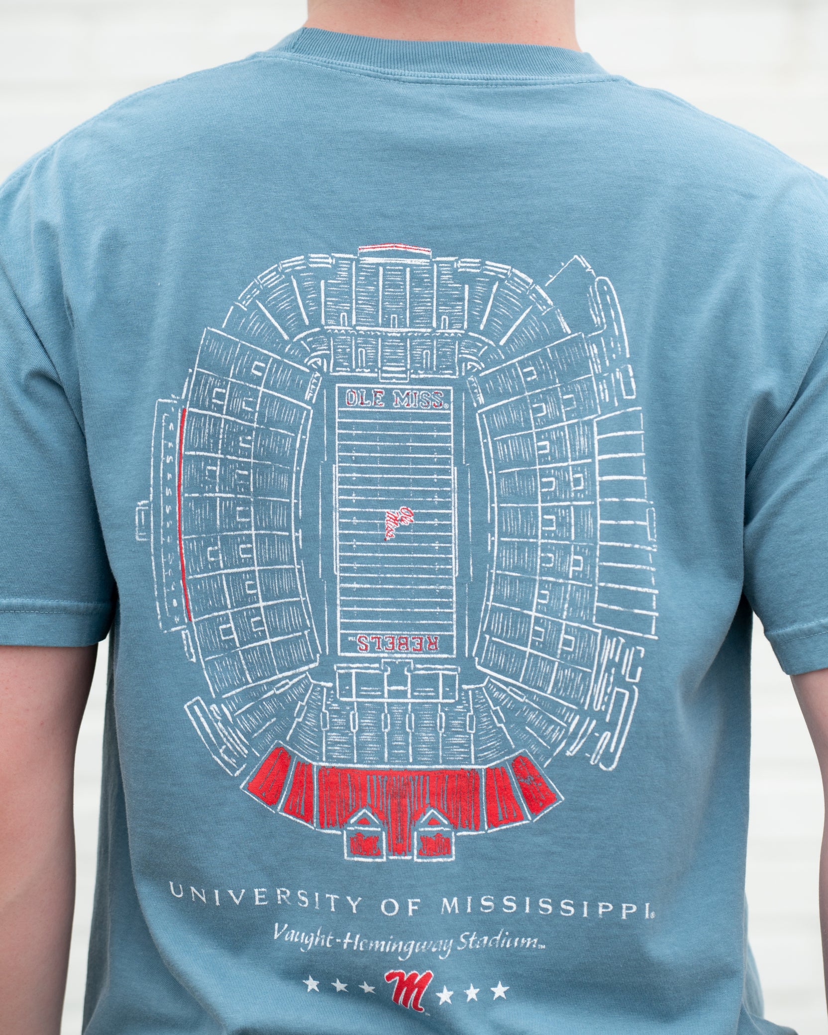 Ole Miss Blue T-Shirt with a blueprint of the Vaught-Hemingway Stadium