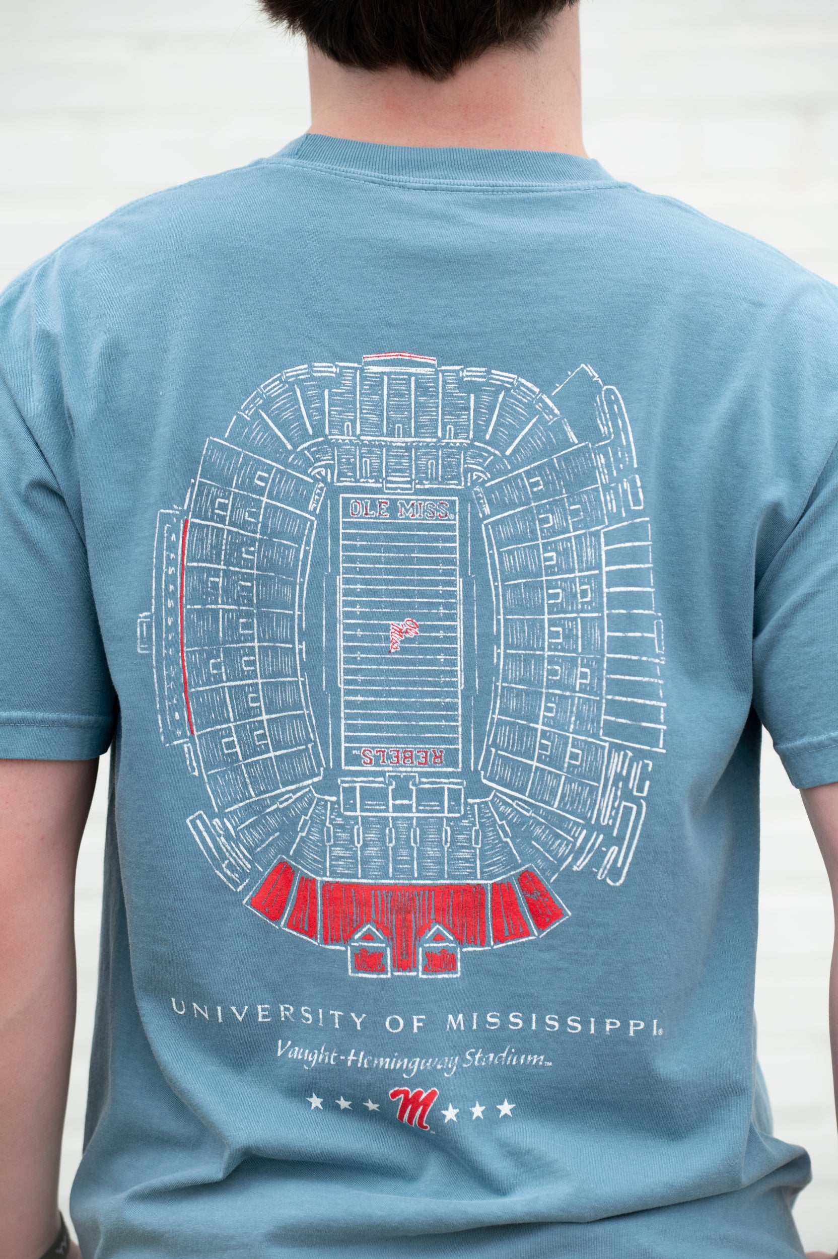 Ole Miss Blue T-Shirt with a blueprint of the Vaught-Hemingway Stadium