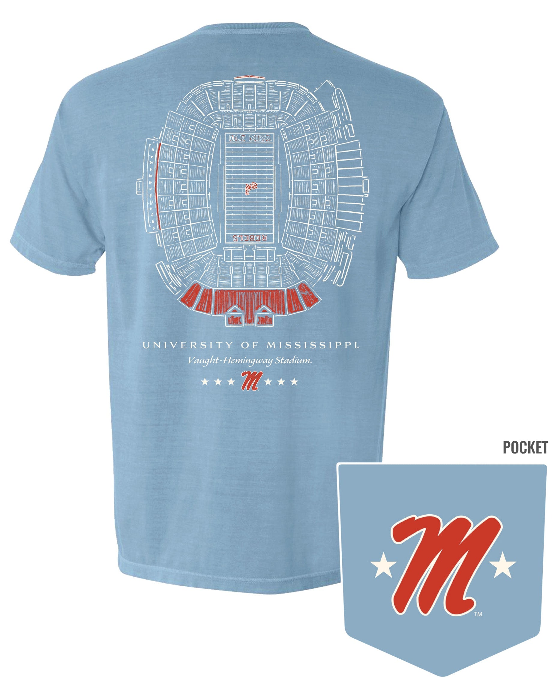 Ole Miss Blue T-Shirt with a blueprint of the Vaught-Hemingway Stadium