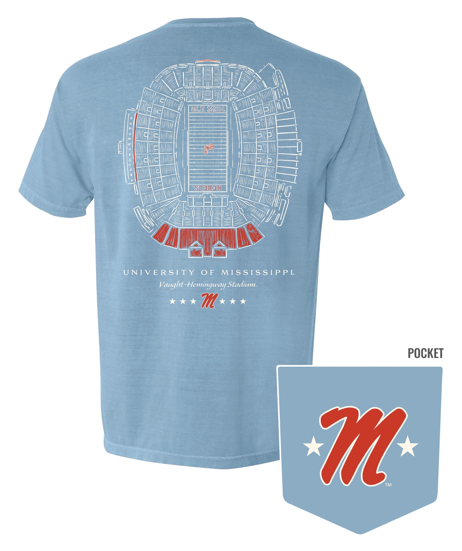 Ole Miss Blue T-Shirt with a blueprint of the Vaught-Hemingway Stadium