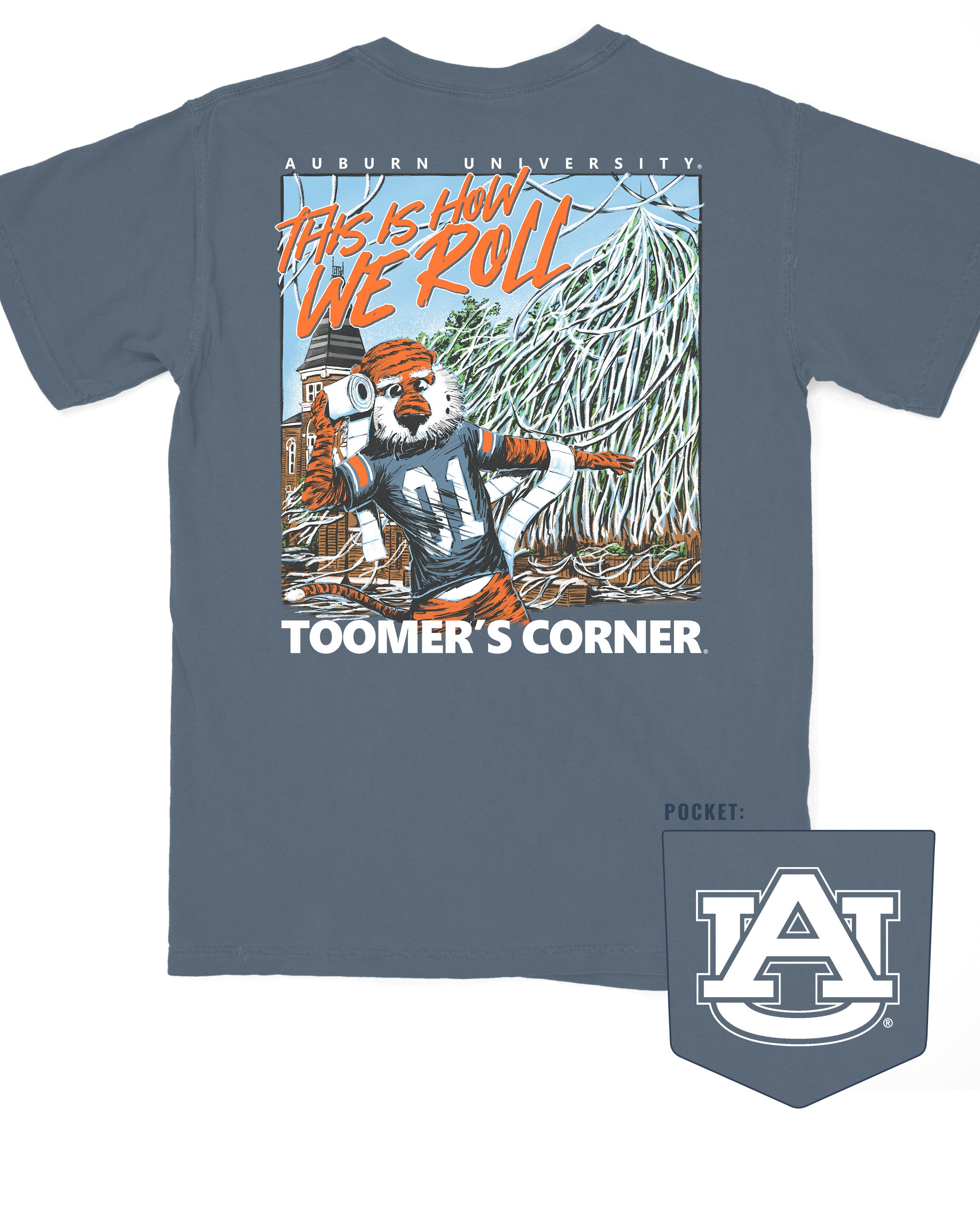 Auburn University Blue This is How We Roll T-Shirt featuring an illustration of Aubie rolling the Toomer's Corner Magnolias beneath Orange text "This Is How We Roll"