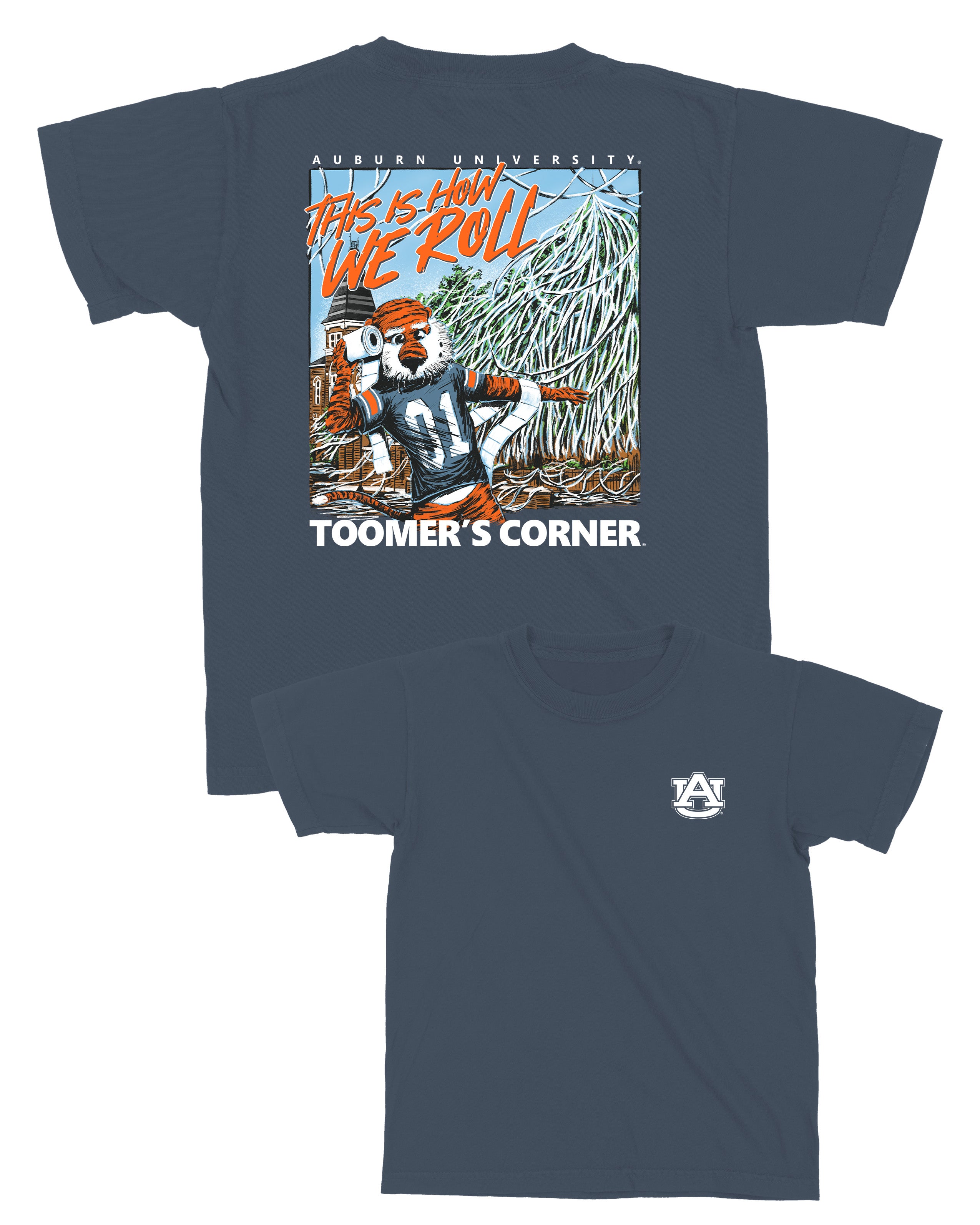 Auburn University Blue This is How We Roll Youth T-Shirt featuring an illustration of Aubie rolling the Toomer's Corner Magnolias beneath Orange text "This Is How We Roll"