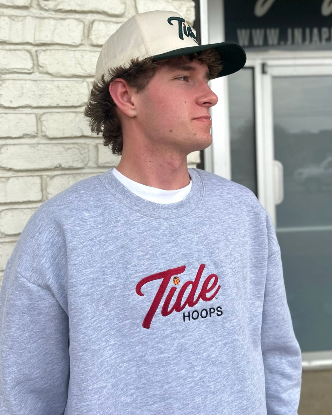 University of Alabama Grey American Apparel Crewneck featuring Red script "Tide" and Black "Hoops" embroidery
