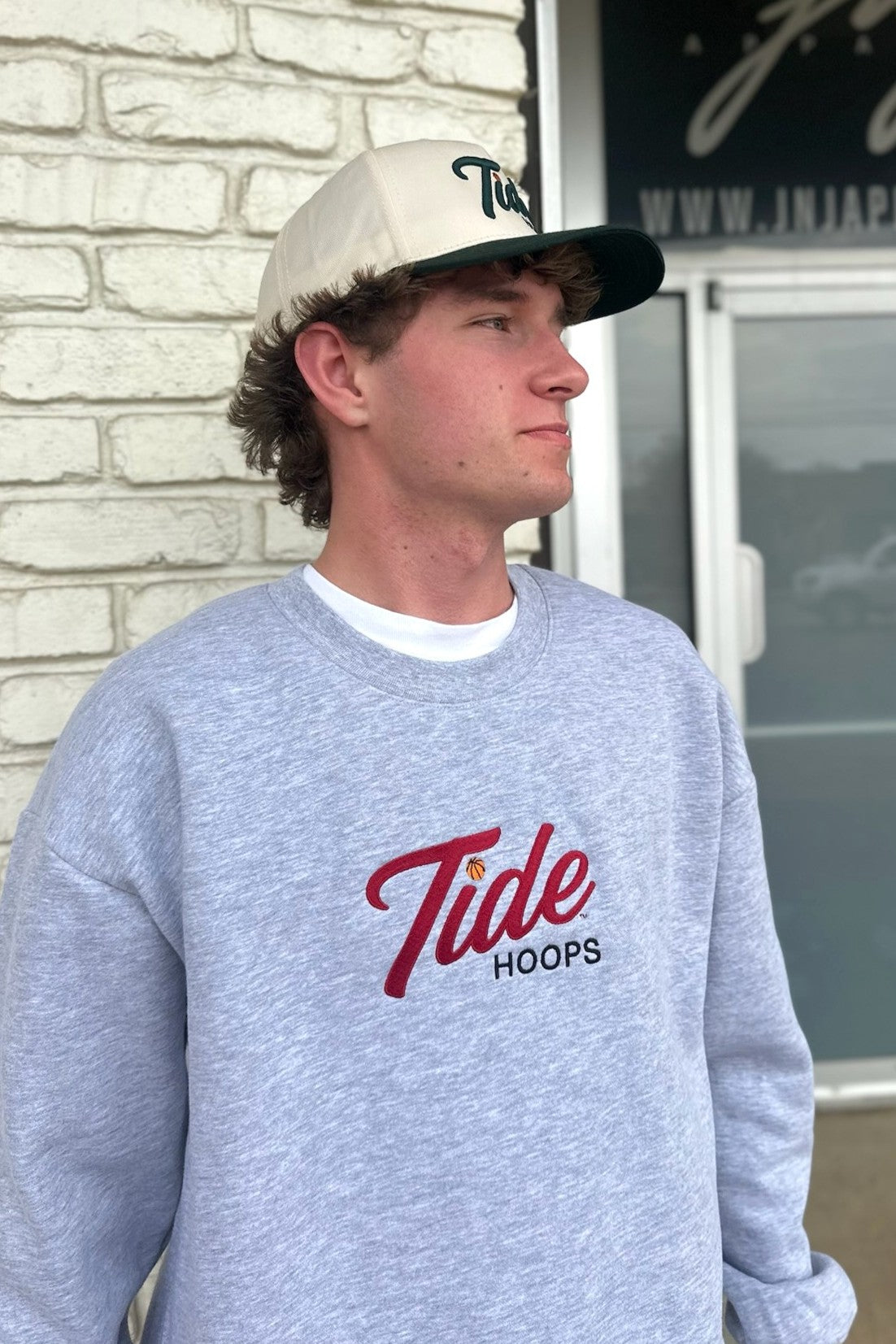University of Alabama Grey American Apparel Crewneck featuring Red script "Tide" and Black "Hoops" embroidery