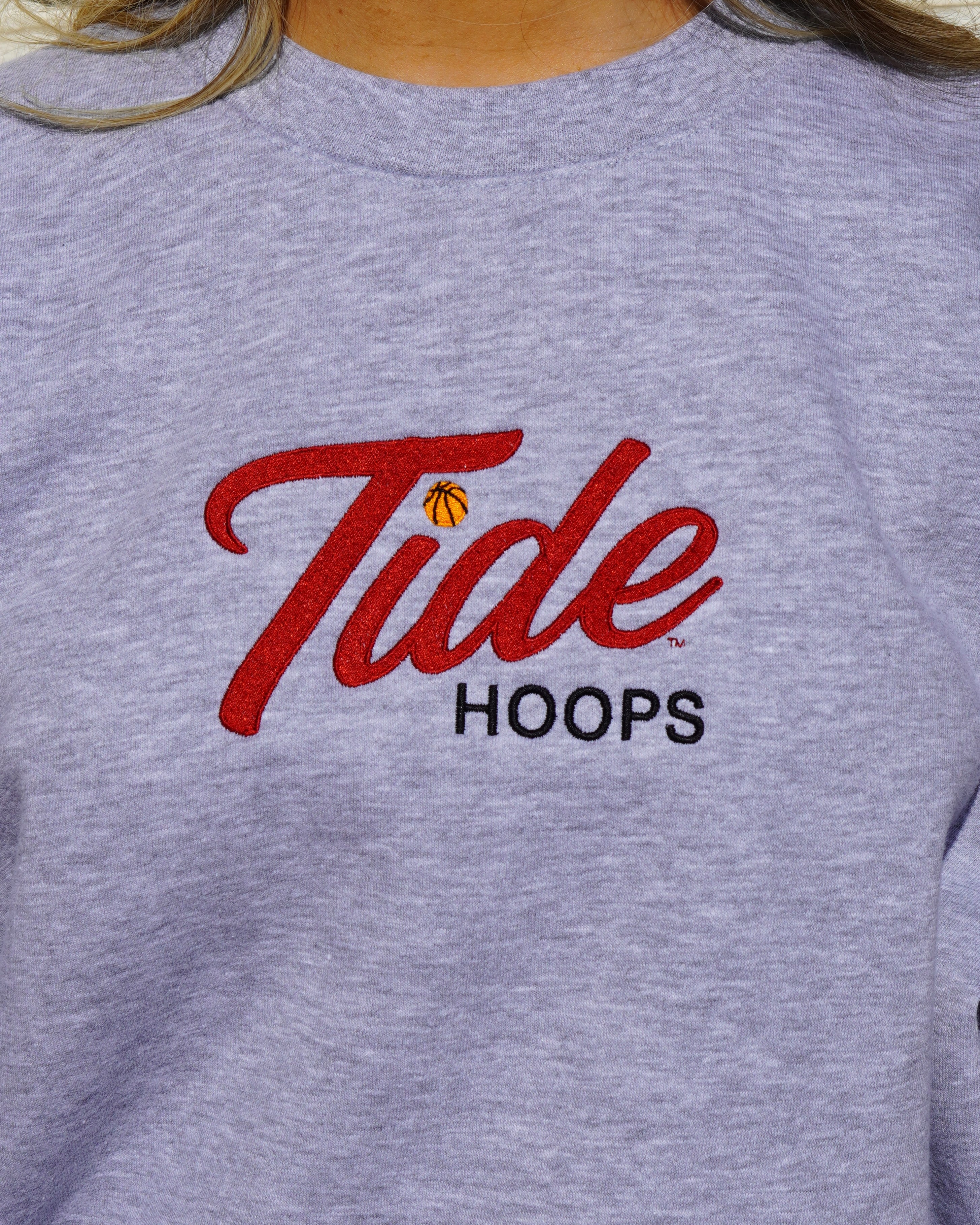 University of Alabama Grey American Apparel Crewneck featuring Red script "Tide" and Black "Hoops" embroidery