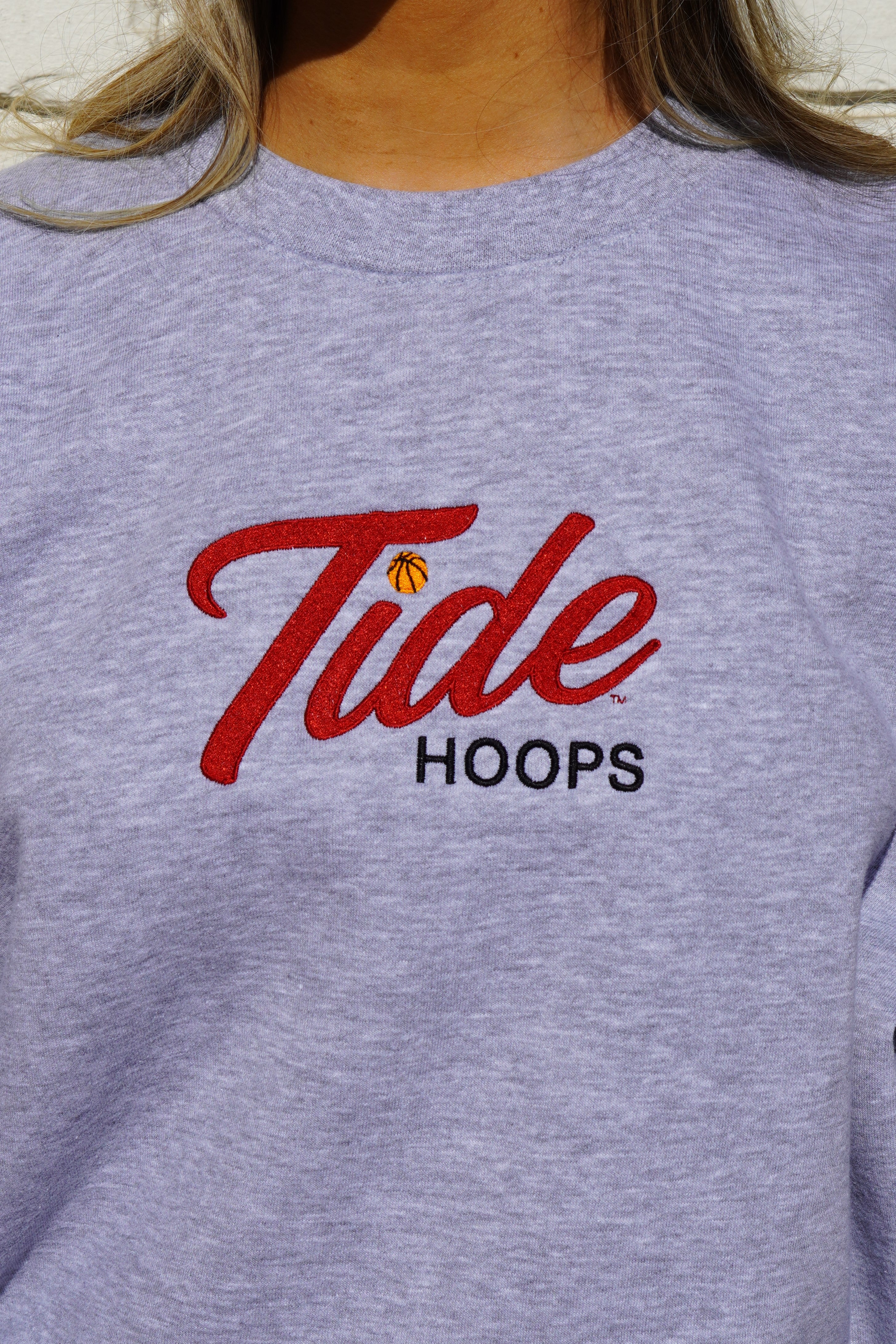 University of Alabama Grey American Apparel Crewneck featuring Red script "Tide" and Black "Hoops" embroidery
