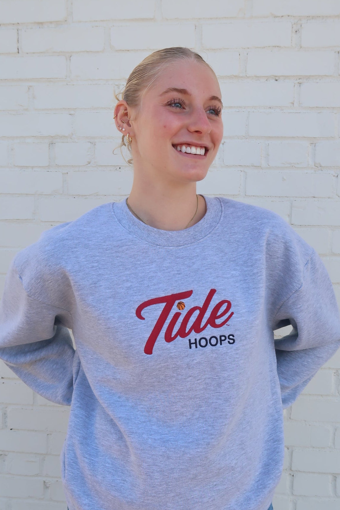 University of Alabama Grey American Apparel Crewneck featuring Red script "Tide" and Black "Hoops" embroidery