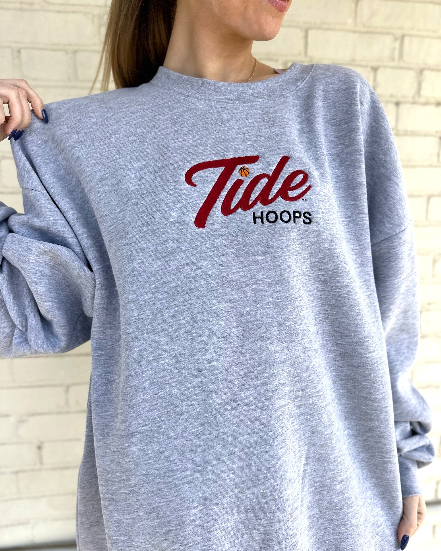 University of Alabama Grey American Apparel Crewneck featuring Red script "Tide" and Black "Hoops" embroidery
