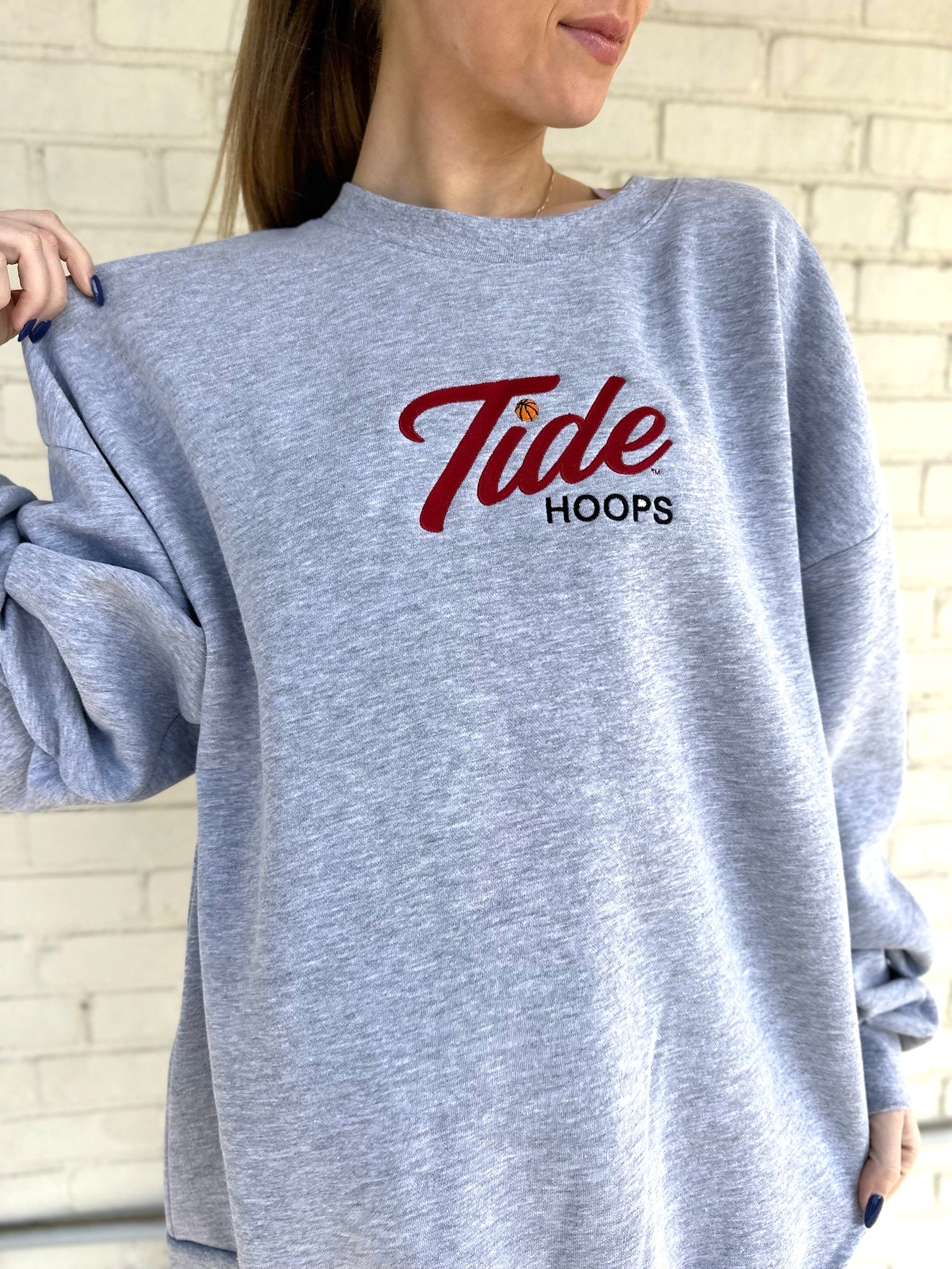University of Alabama Grey American Apparel Crewneck featuring Red script "Tide" and Black "Hoops" embroidery