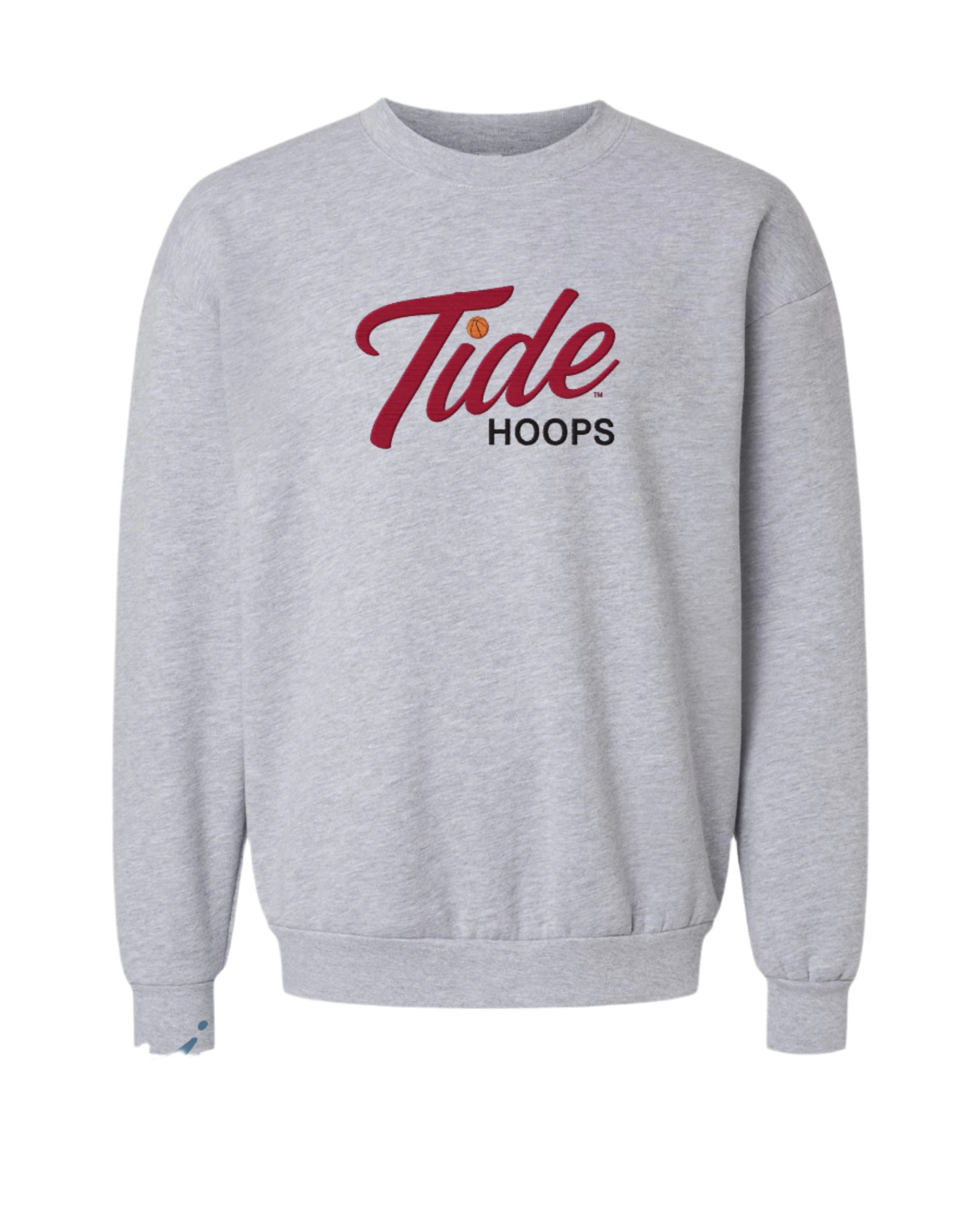 University of Alabama Grey American Apparel Crewneck featuring Red script "Tide" and Black "Hoops" embroidery