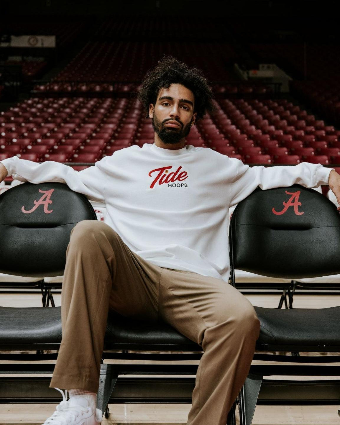 University of Alabama White American Apparel Crewneck featuring Red script "Tide" and Black "Hoops" embroidery
