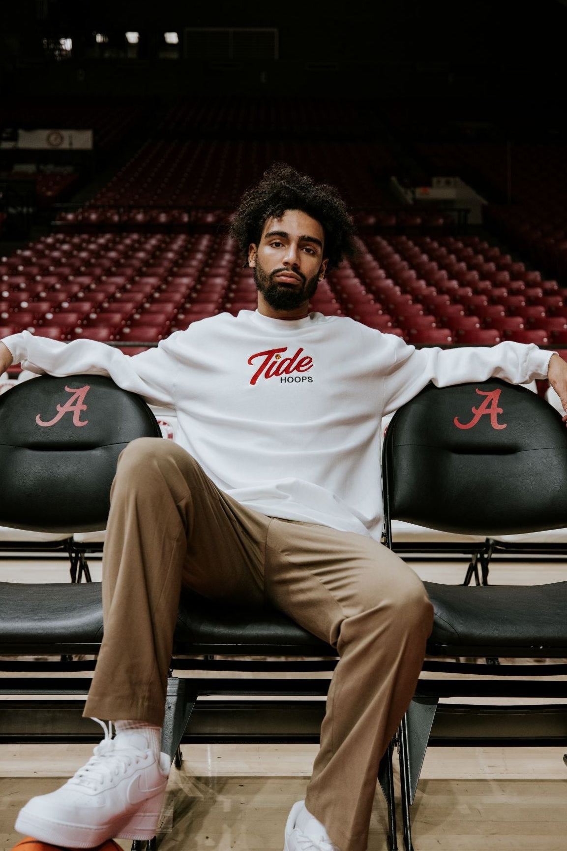 University of Alabama White American Apparel Crewneck featuring Red script "Tide" and Black "Hoops" embroidery