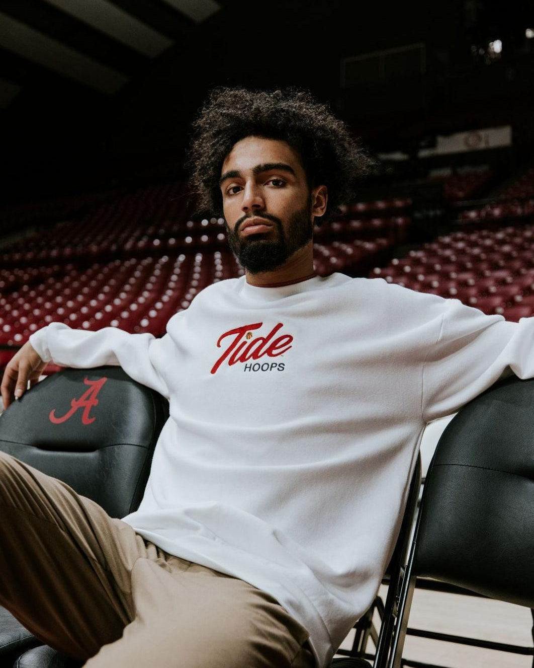 University of Alabama White American Apparel Crewneck featuring Red script "Tide" and Black "Hoops" embroidery