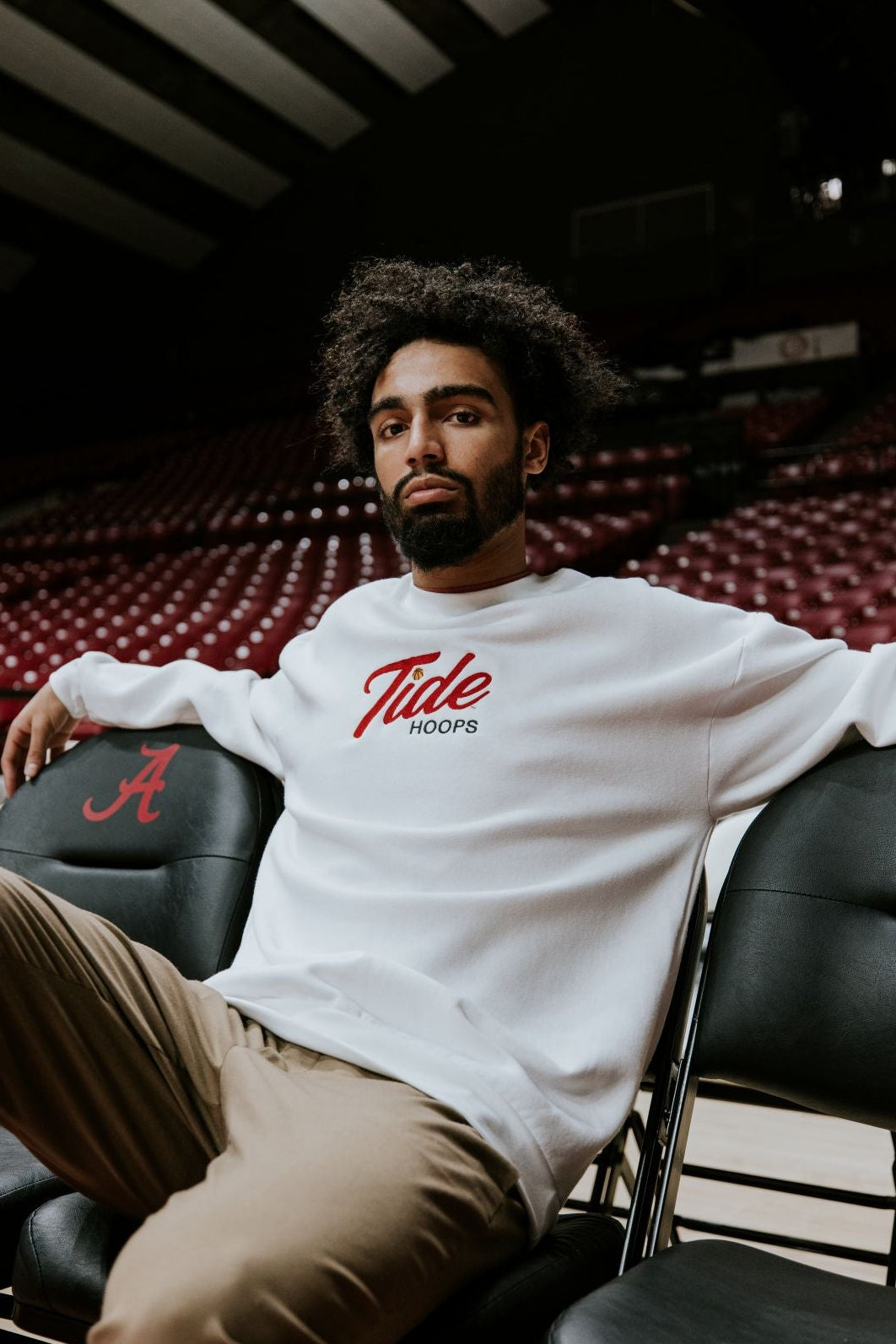 University of Alabama White American Apparel Crewneck featuring Red script "Tide" and Black "Hoops" embroidery