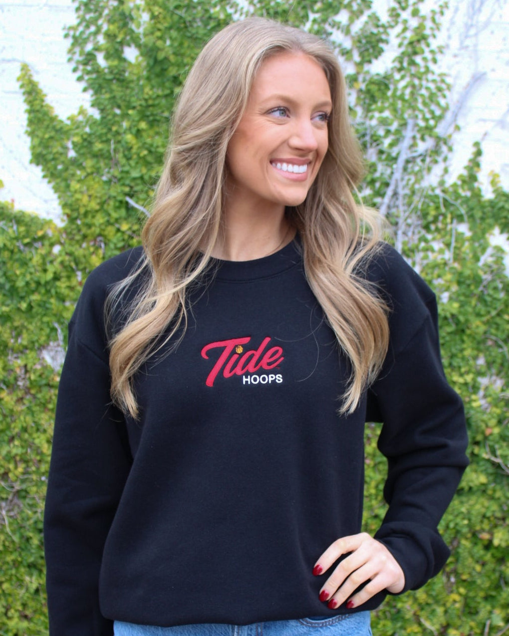 University of Alabama Black Ladies Crewneck with the Tide Hoops logo embroidery