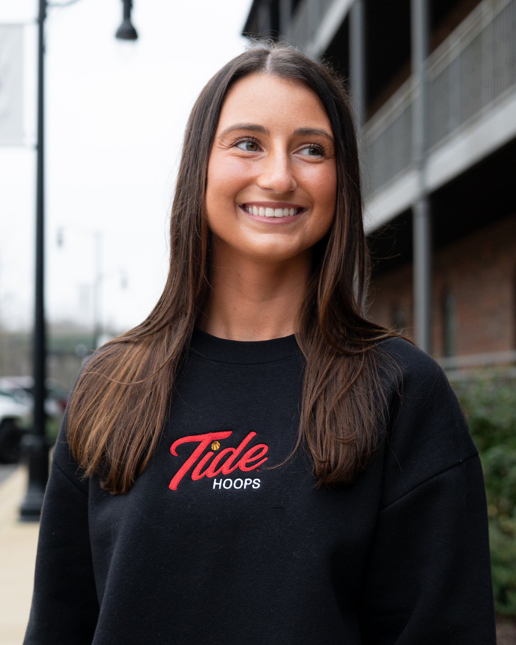 University of Alabama Black Ladies Crewneck with the Tide Hoops logo embroidery