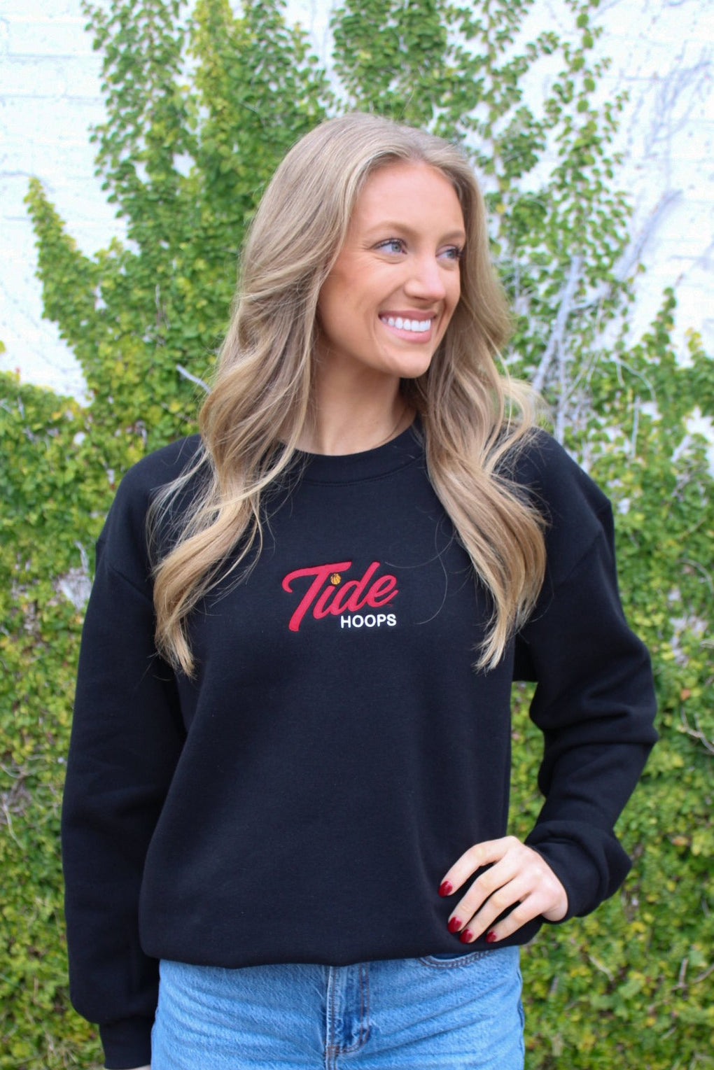 University of Alabama Black Ladies Crewneck with the Tide Hoops logo embroidery