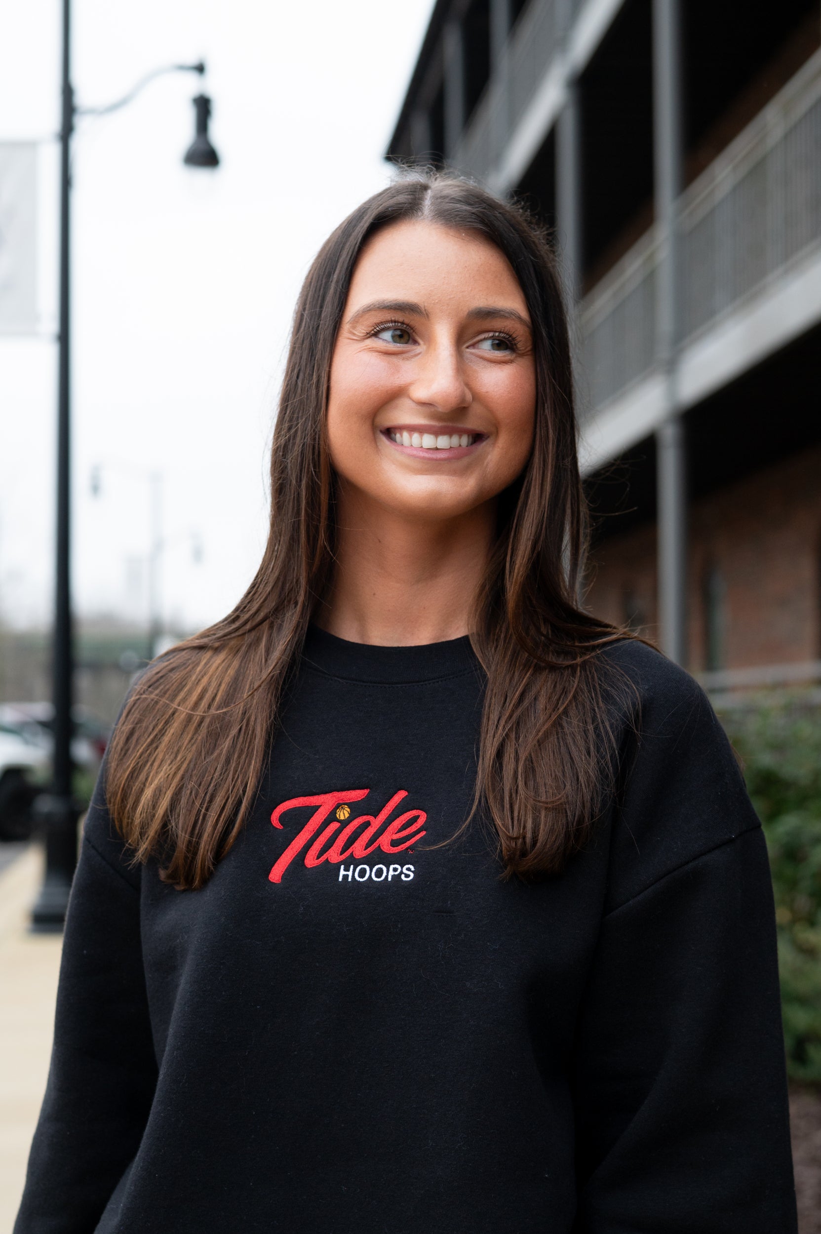 University of Alabama Black Ladies Crewneck with the Tide Hoops logo embroidery