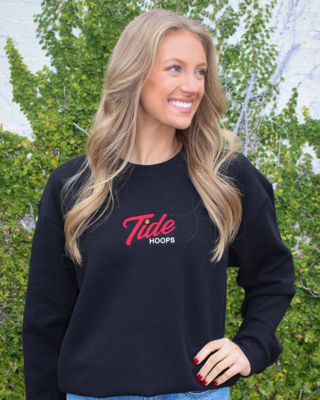 University of Alabama Black Ladies Crewneck with the Tide Hoops logo embroidery