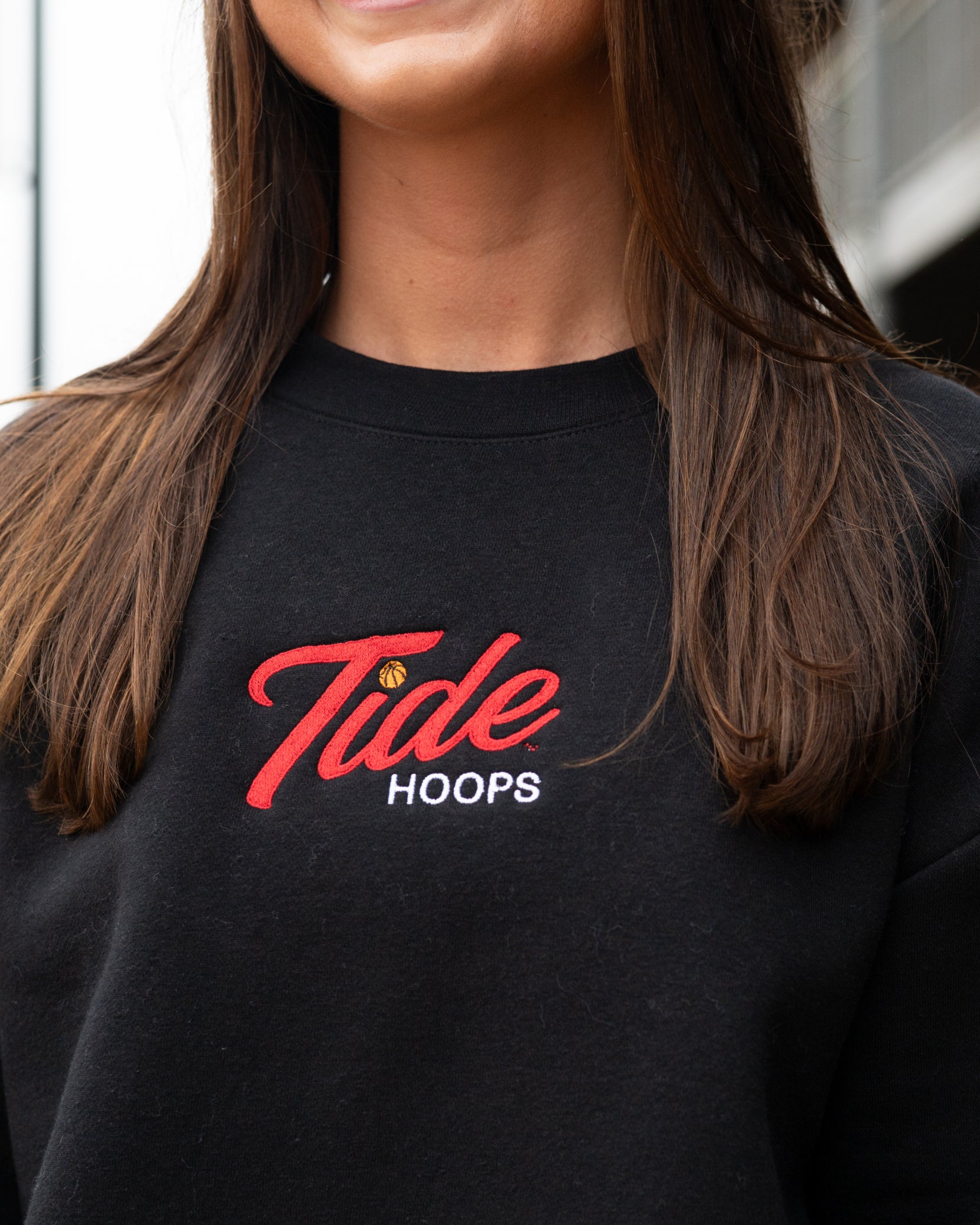 University of Alabama Black Ladies Crewneck with the Tide Hoops logo embroidery