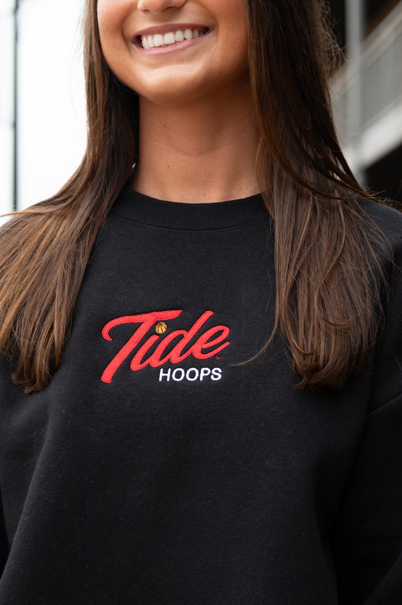University of Alabama Black Ladies Crewneck with the Tide Hoops logo embroidery