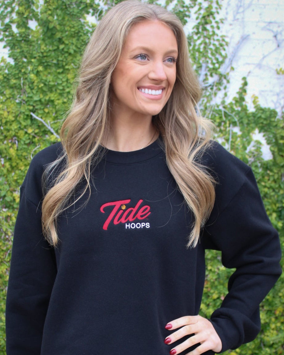 University of Alabama Black Ladies Crewneck with the Tide Hoops logo embroidery