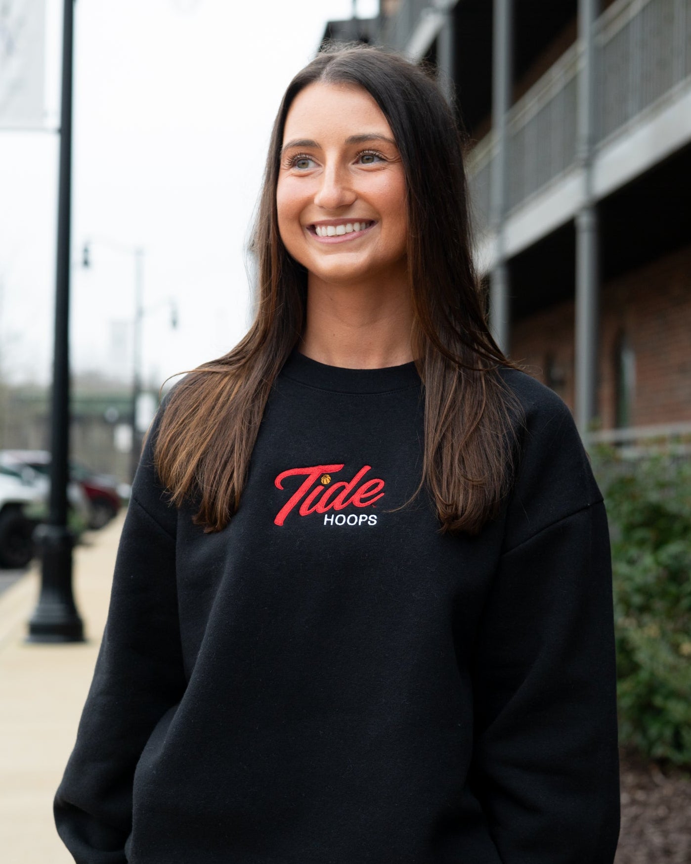 University of Alabama Black Ladies Crewneck with the Tide Hoops logo embroidery