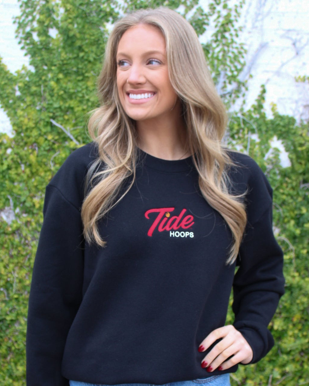University of Alabama Black Ladies Crewneck with the Tide Hoops logo embroidery